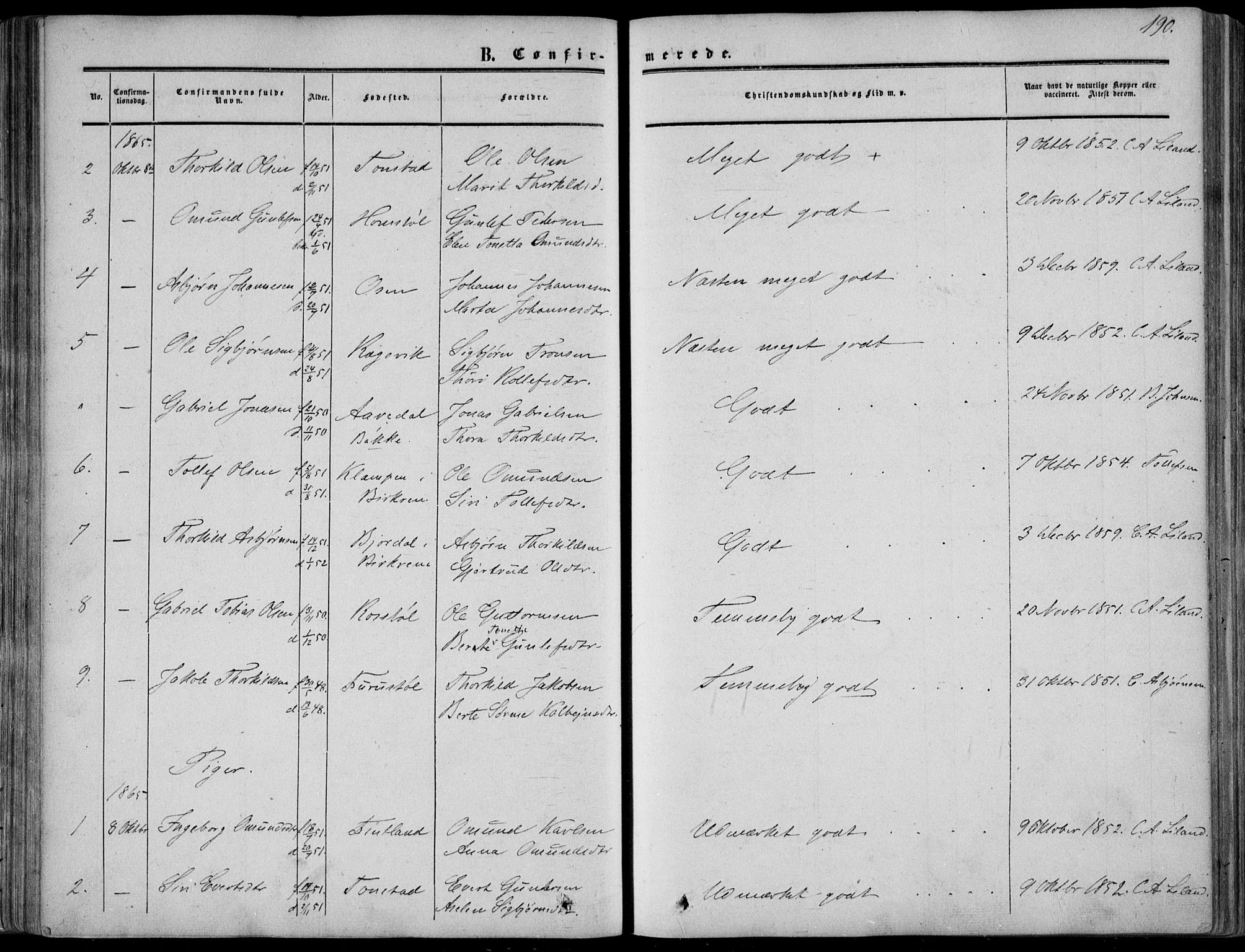 Sirdal sokneprestkontor, AV/SAK-1111-0036/F/Fa/Fab/L0002: Parish register (official) no. A 2, 1855-1874, p. 190