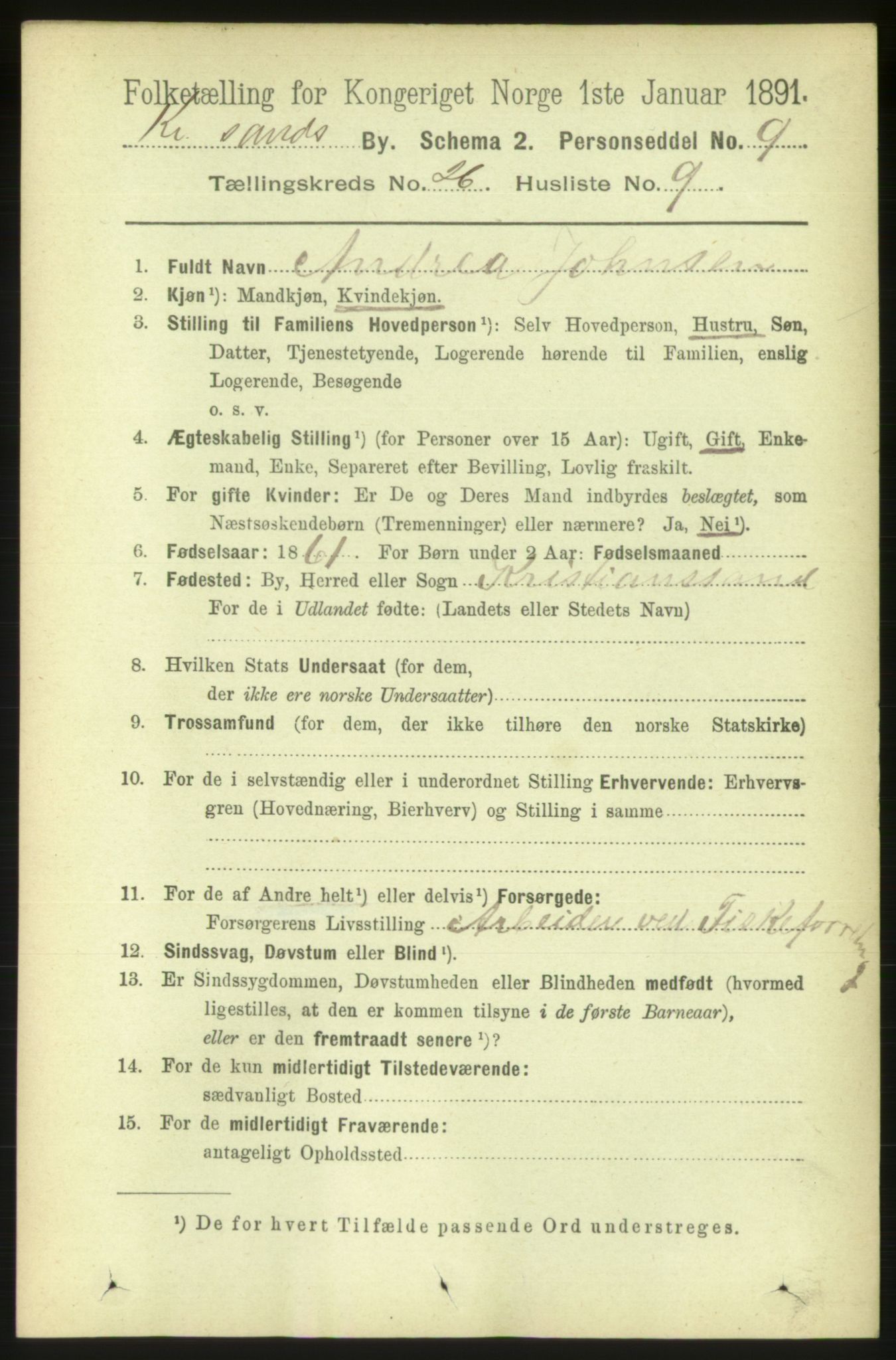 RA, 1891 census for 1001 Kristiansand, 1891, p. 8944