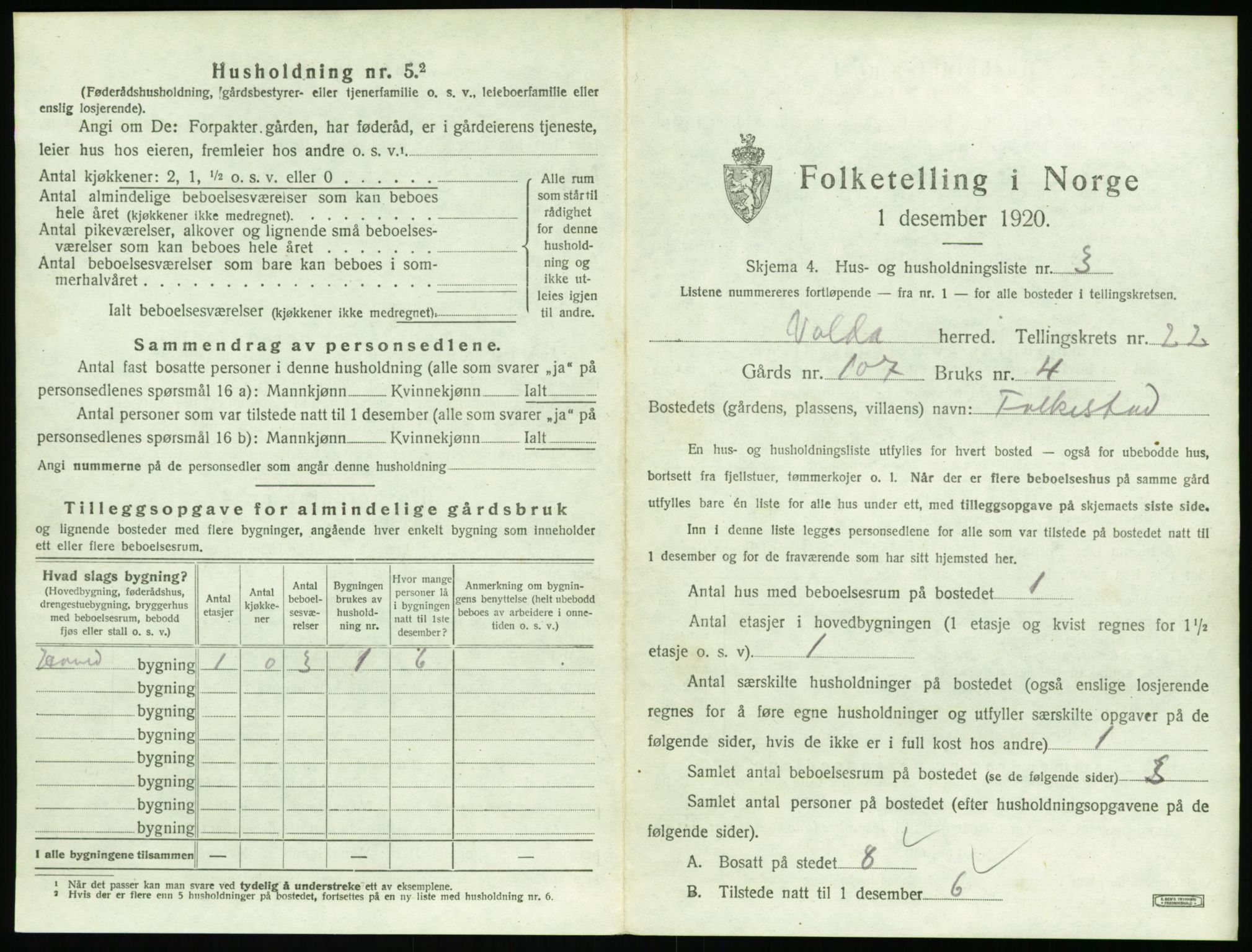 SAT, 1920 census for Volda, 1920, p. 1502