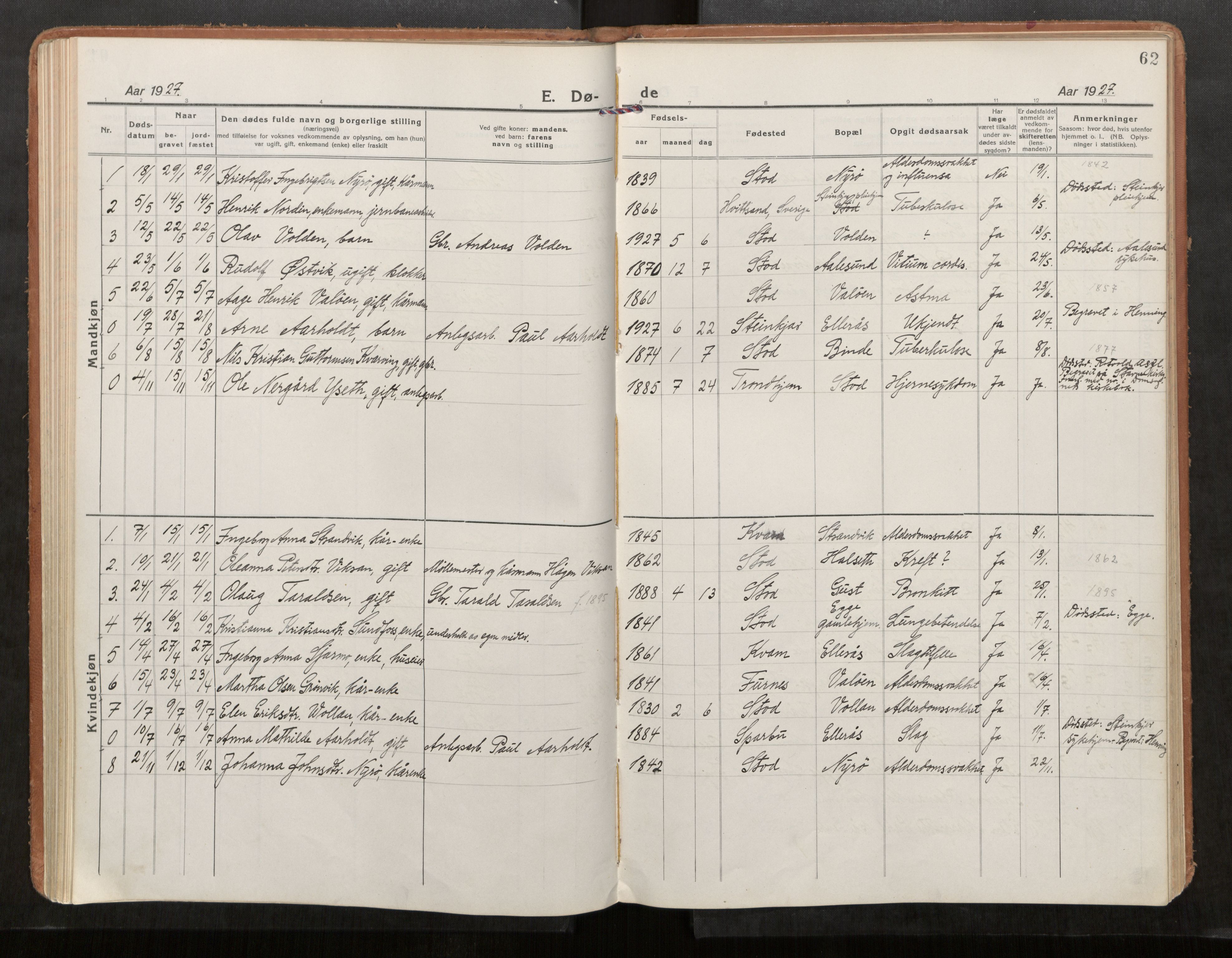 Stod sokneprestkontor, AV/SAT-A-1164/1/I/I1/I1a/L0005: Parish register (official) no. 5, 1923-1932, p. 62