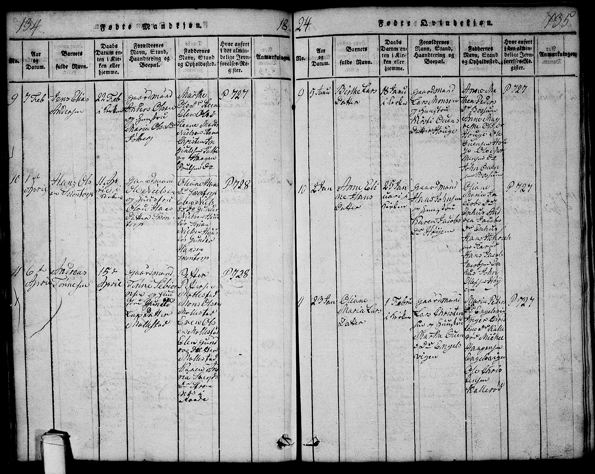 Onsøy prestekontor Kirkebøker, AV/SAO-A-10914/G/Ga/L0001: Parish register (copy) no. I 1, 1814-1840, p. 134-135