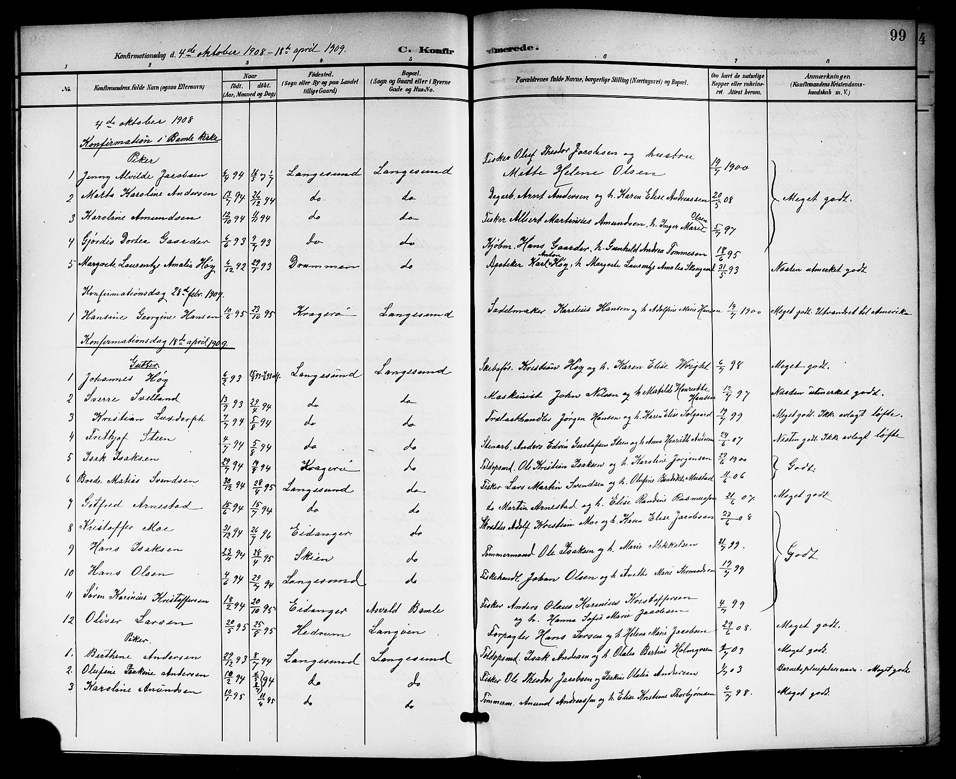 Langesund kirkebøker, SAKO/A-280/G/Ga/L0006: Parish register (copy) no. 6, 1899-1918, p. 99