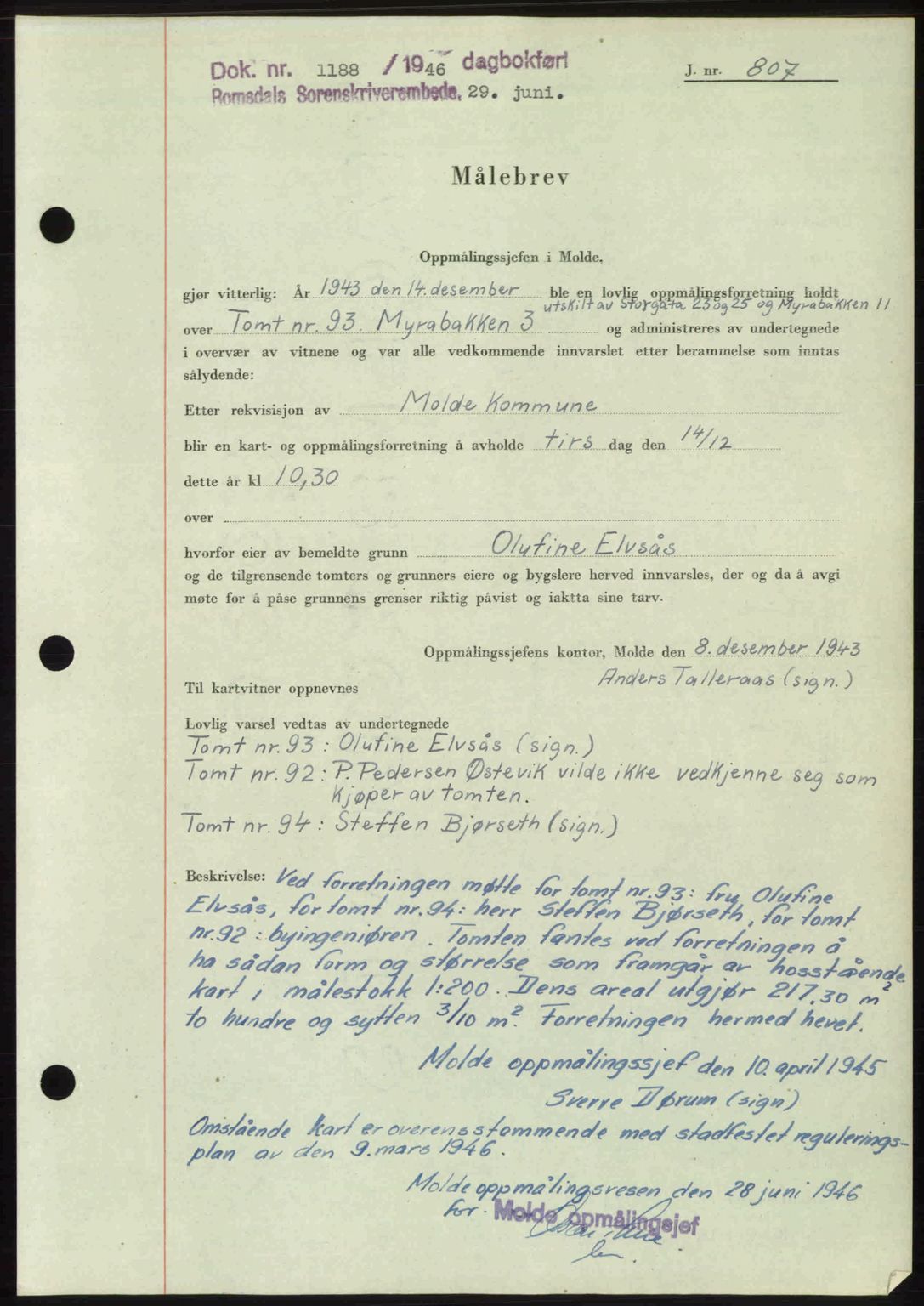 Romsdal sorenskriveri, AV/SAT-A-4149/1/2/2C: Mortgage book no. A20, 1946-1946, Diary no: : 1188/1946