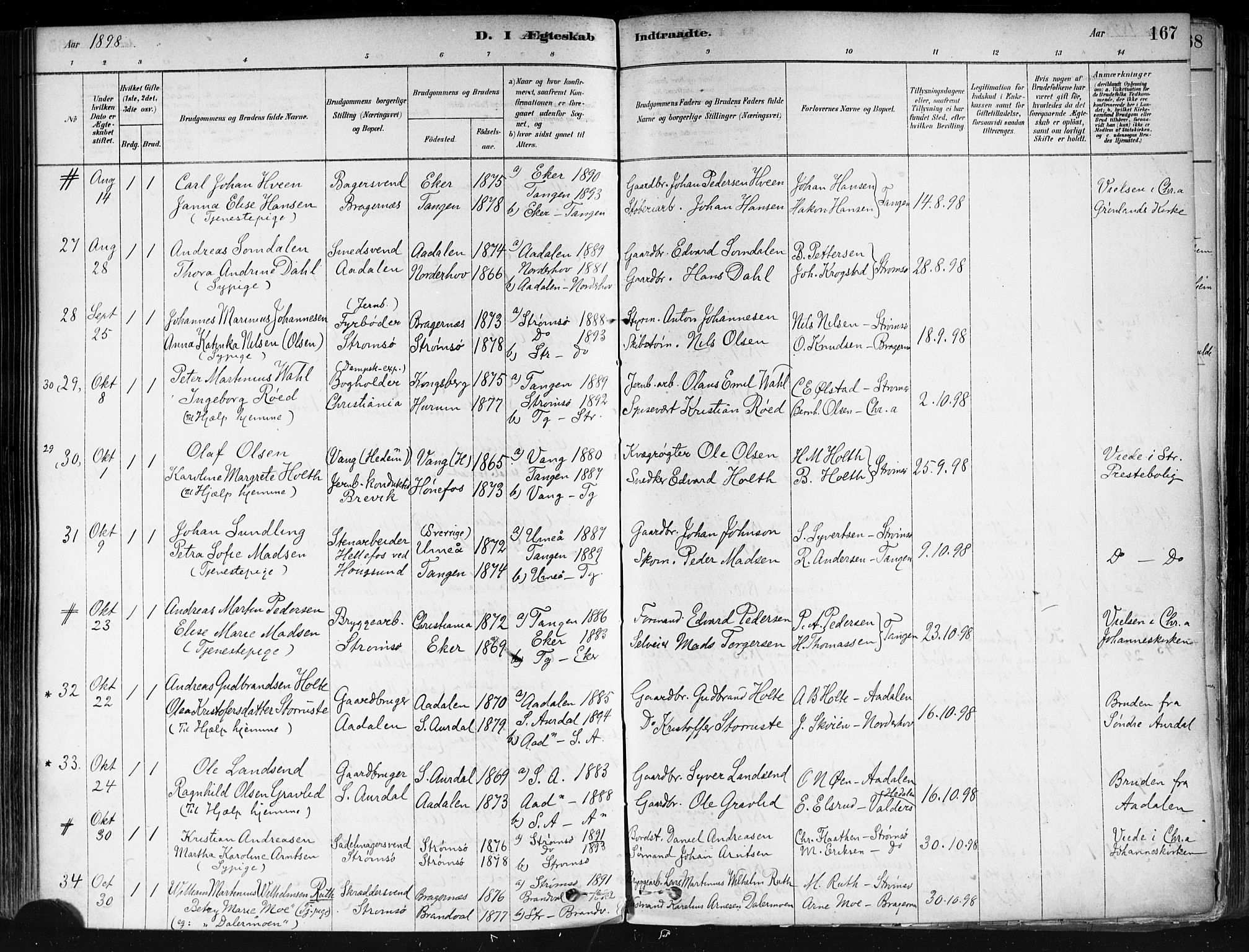 Strømsø kirkebøker, AV/SAKO-A-246/F/Fa/L0022: Parish register (official) no. I 22, 1879-1899, p. 167