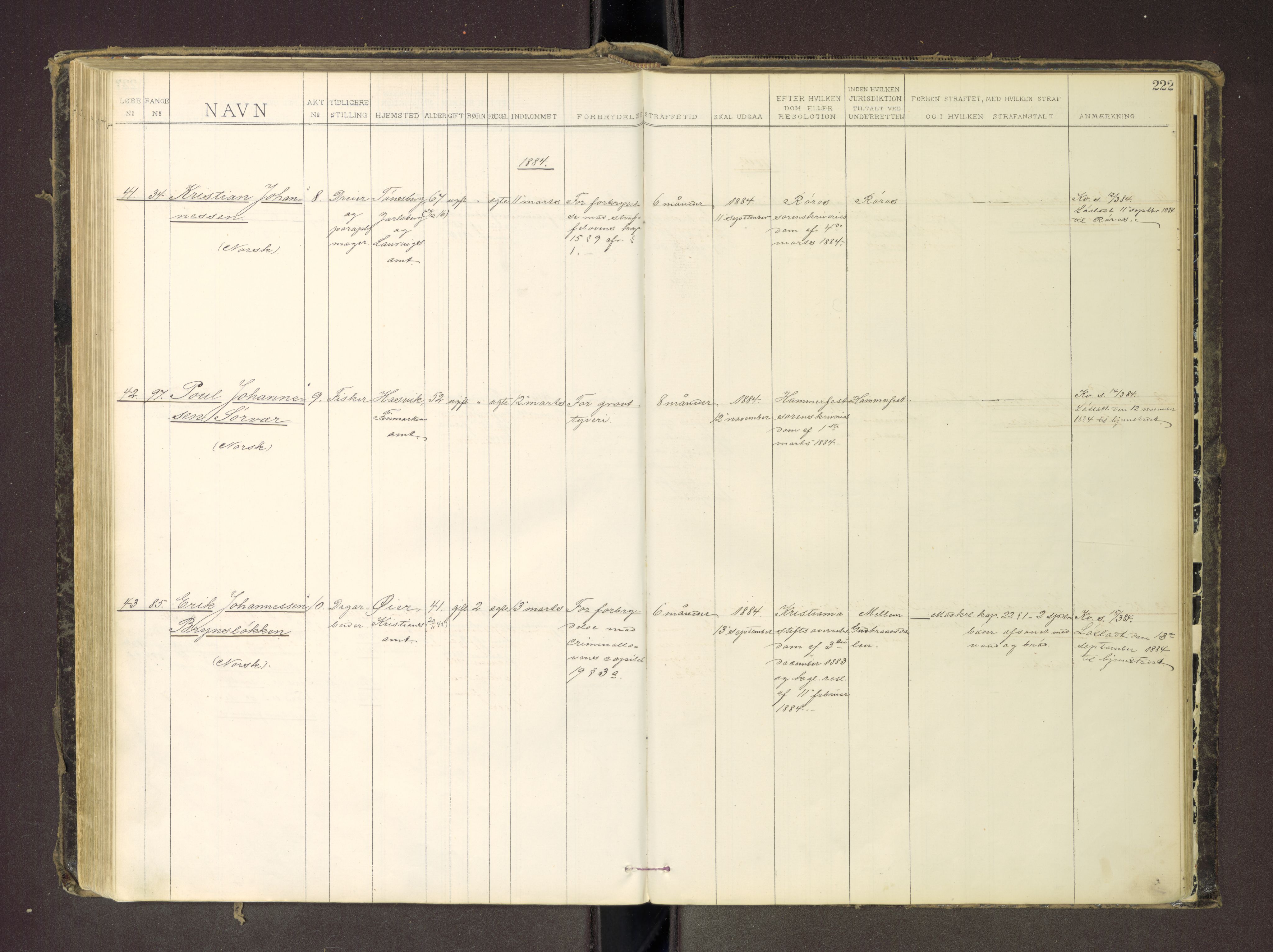 Trondheim tukthus, AV/SAT-A-4619/05/65/L0035: 65.35 Fangeprotokoll m/reg, 1878-1885, p. 222