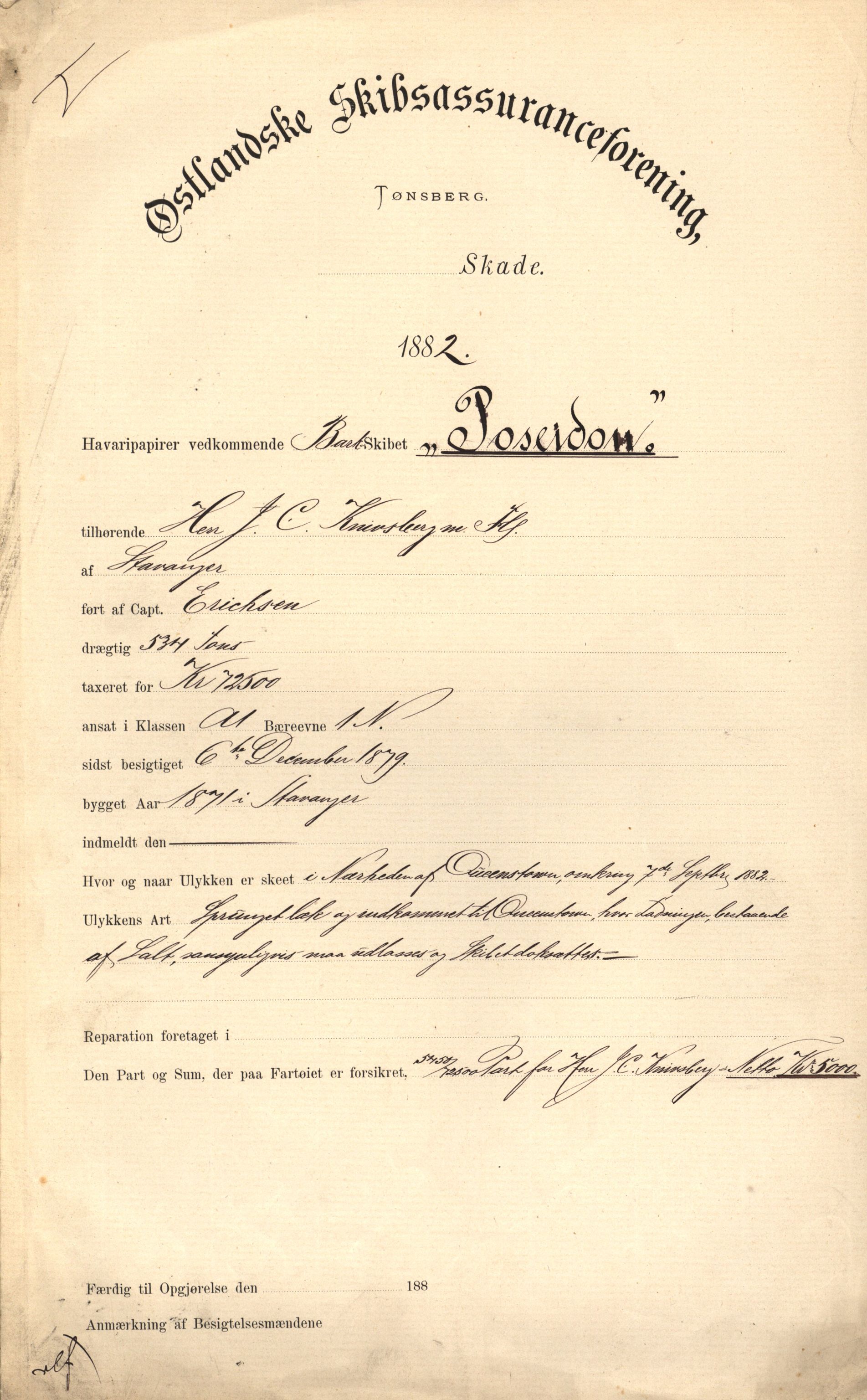 Pa 63 - Østlandske skibsassuranceforening, VEMU/A-1079/G/Ga/L0014/0009: Havaridokumenter / Peter, Olinda, Prinds Chr. August, Poseidon, 1882, p. 59