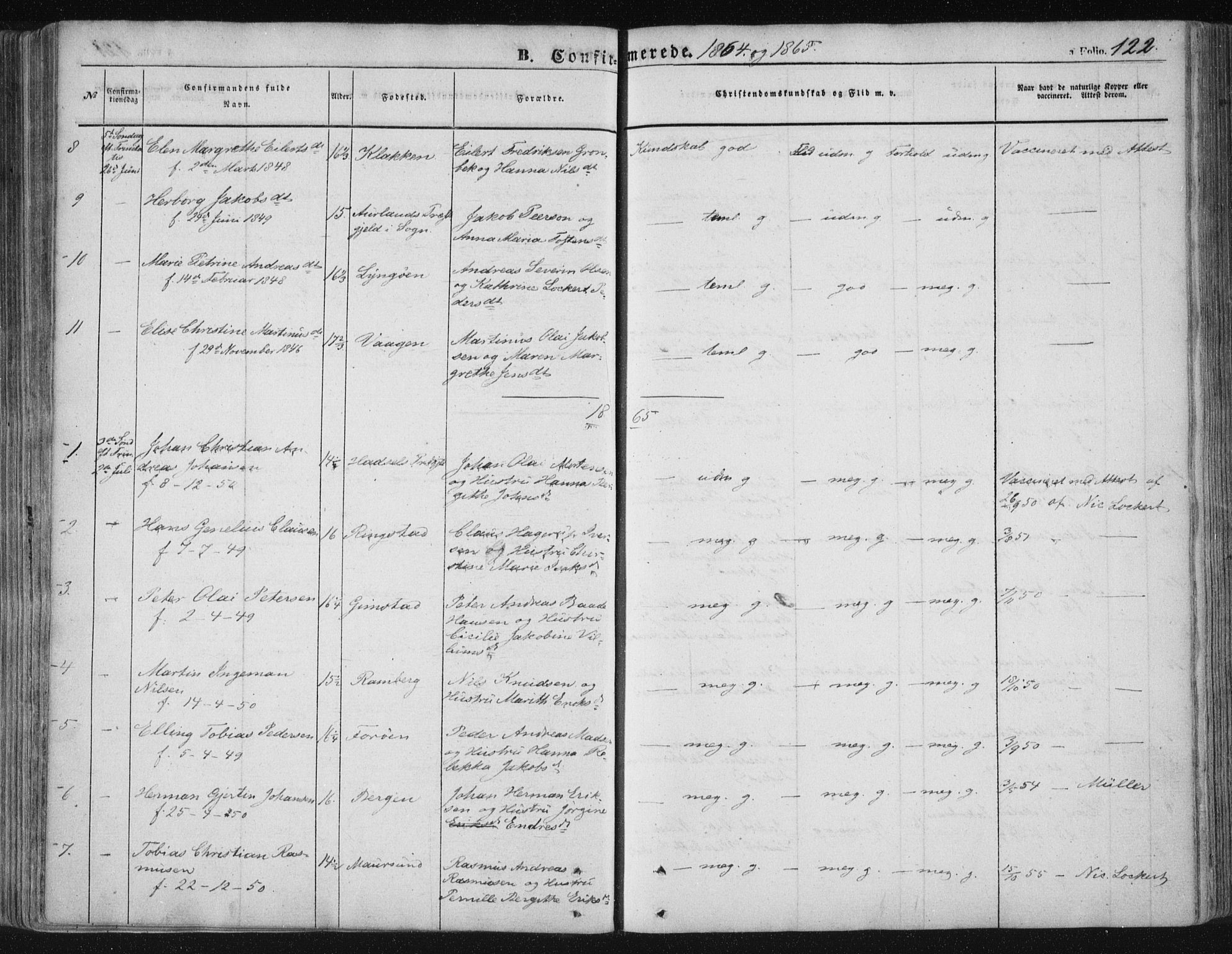 Ministerialprotokoller, klokkerbøker og fødselsregistre - Nordland, AV/SAT-A-1459/891/L1300: Parish register (official) no. 891A05, 1856-1870, p. 122