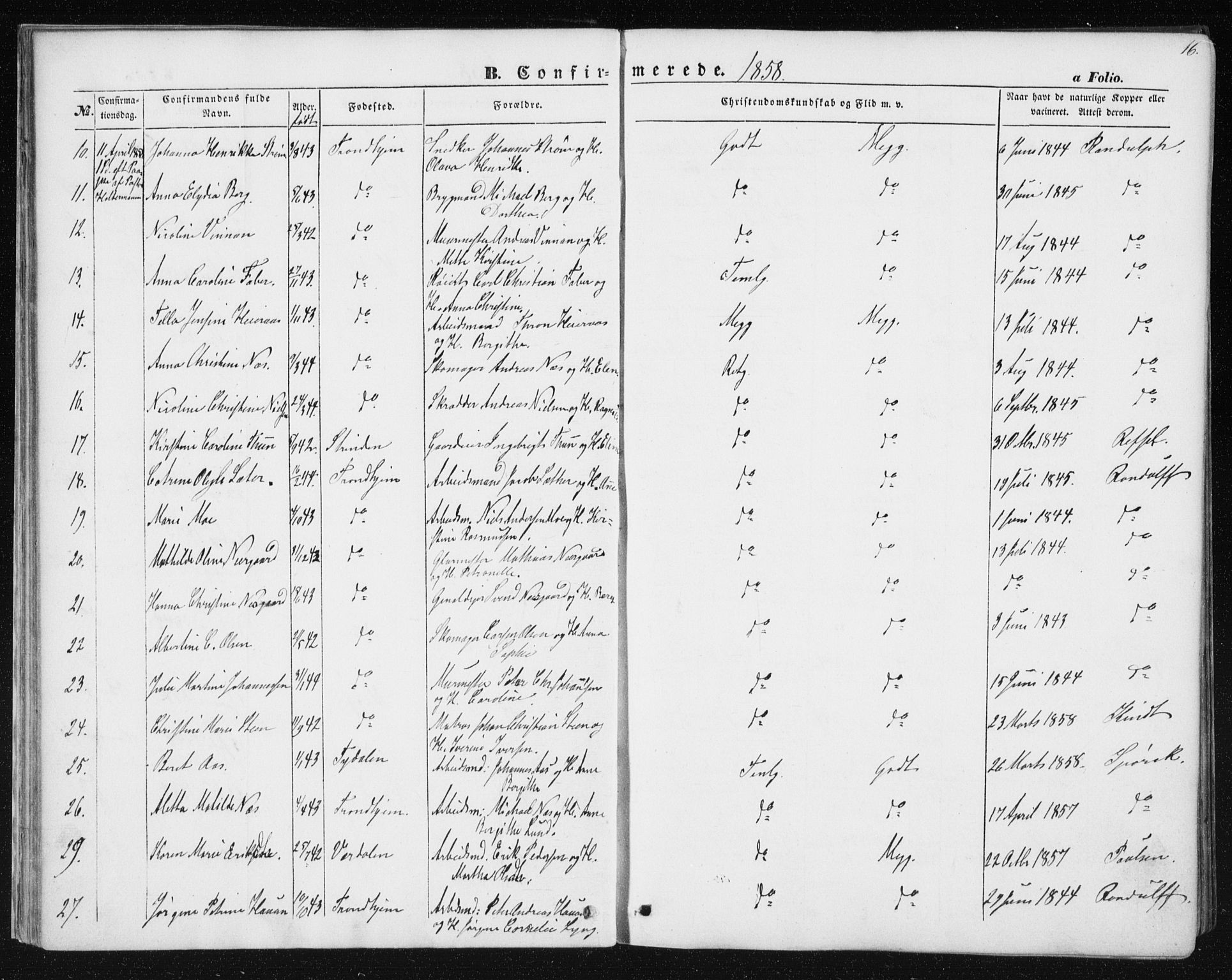 Ministerialprotokoller, klokkerbøker og fødselsregistre - Sør-Trøndelag, AV/SAT-A-1456/602/L0114: Parish register (official) no. 602A12, 1856-1872, p. 16