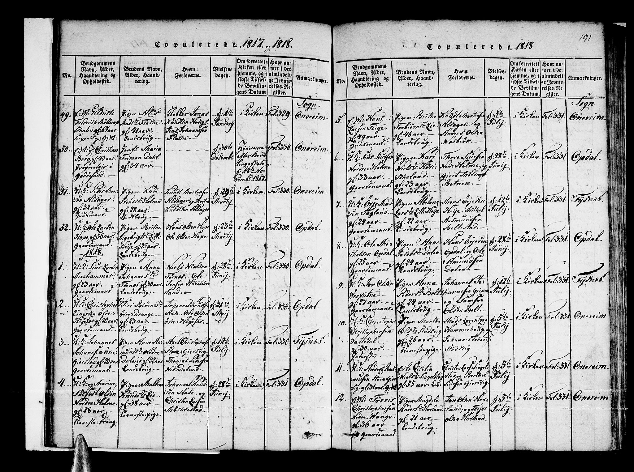 Tysnes sokneprestembete, SAB/A-78601/H/Haa: Parish register (official) no. A 7, 1816-1826, p. 191