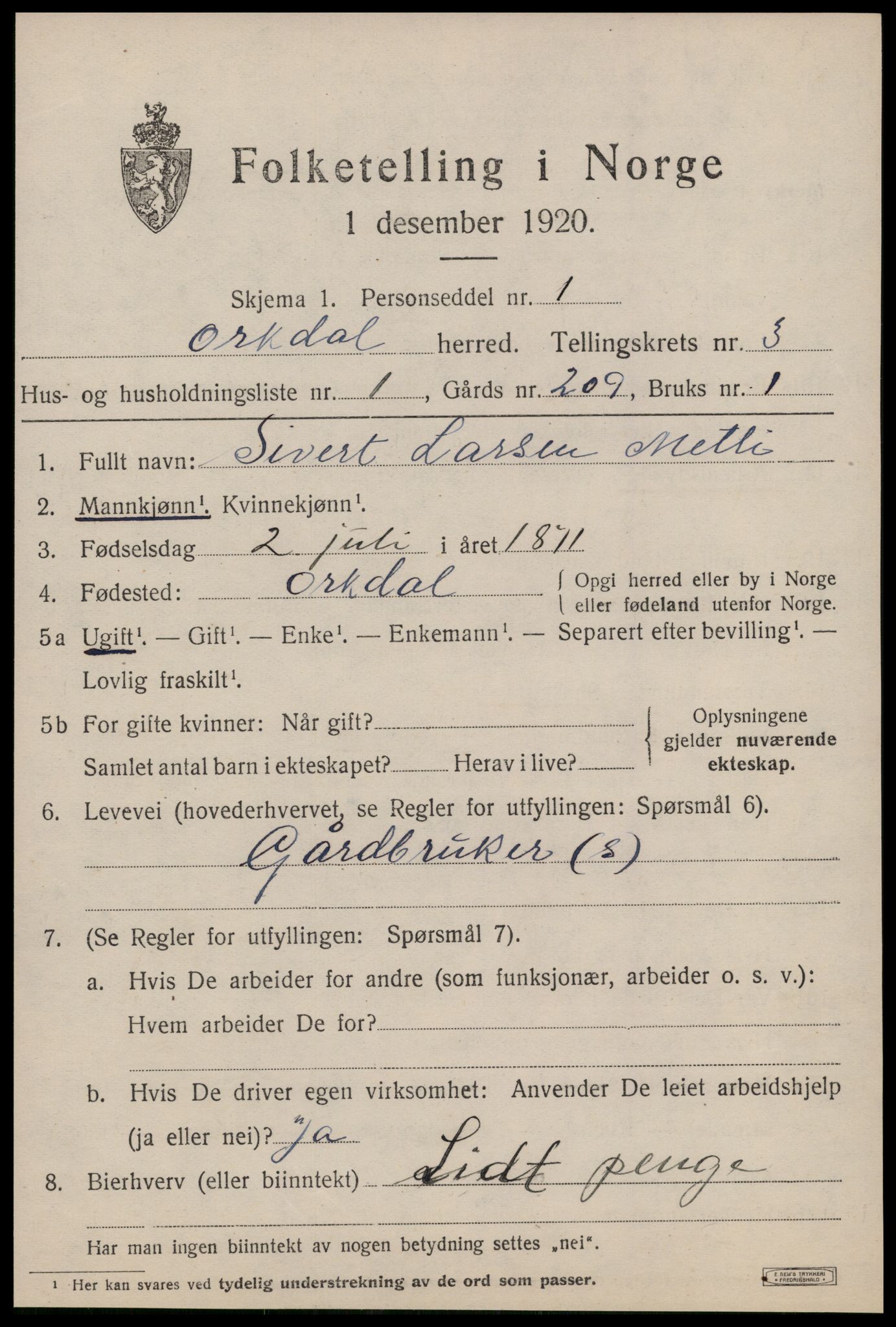 SAT, 1920 census for Orkdal, 1920, p. 3126