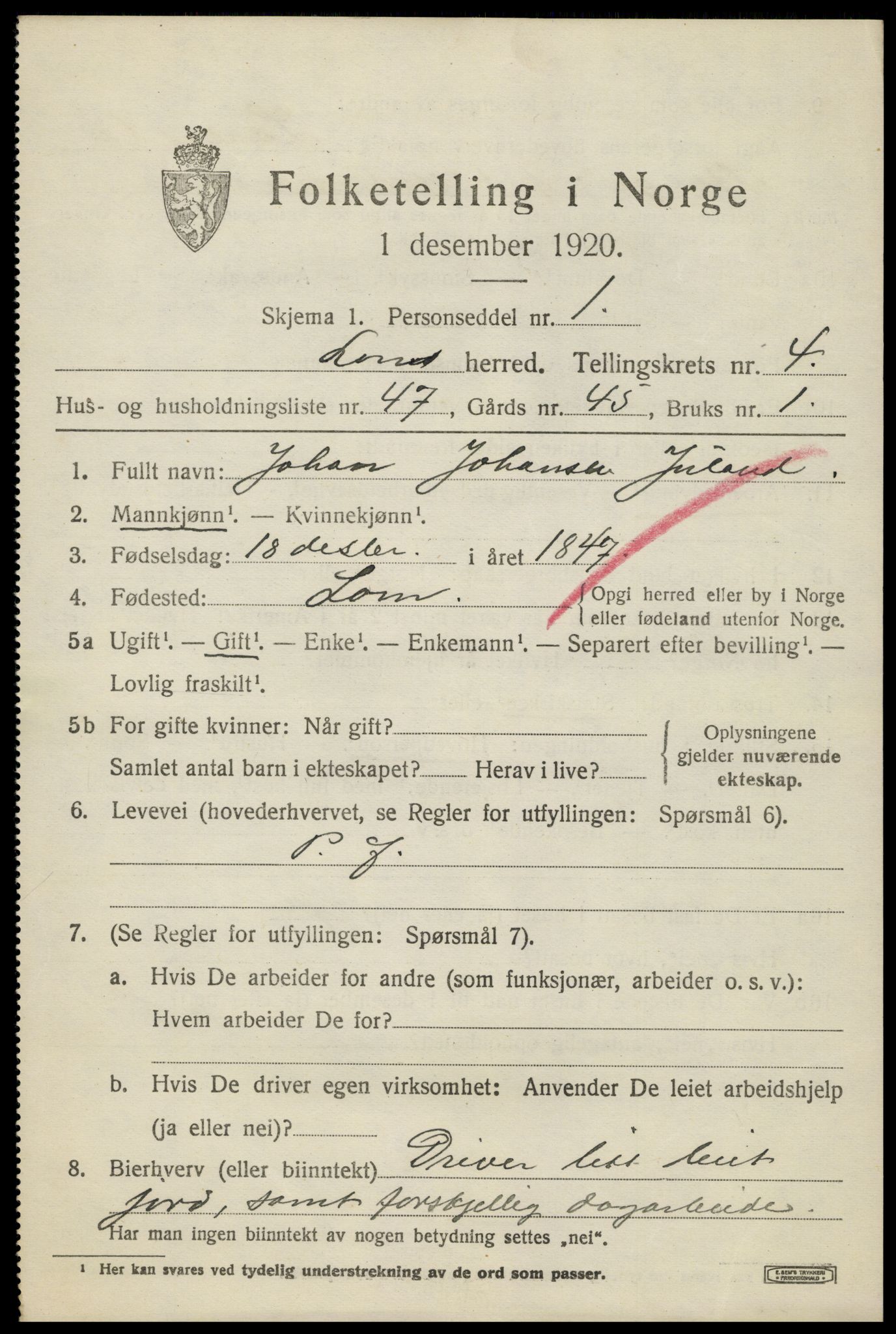 SAH, 1920 census for Lom, 1920, p. 3144