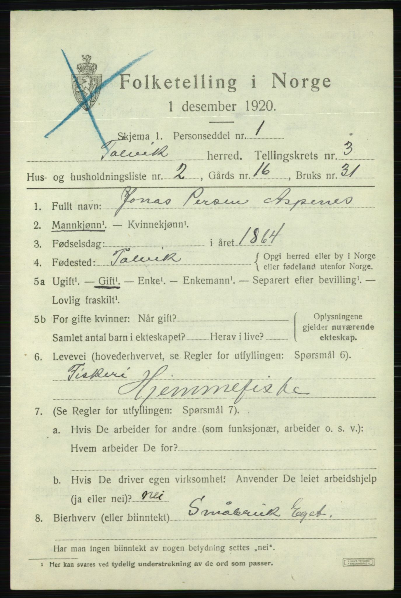 SATØ, 1920 census for Talvik, 1920, p. 2192