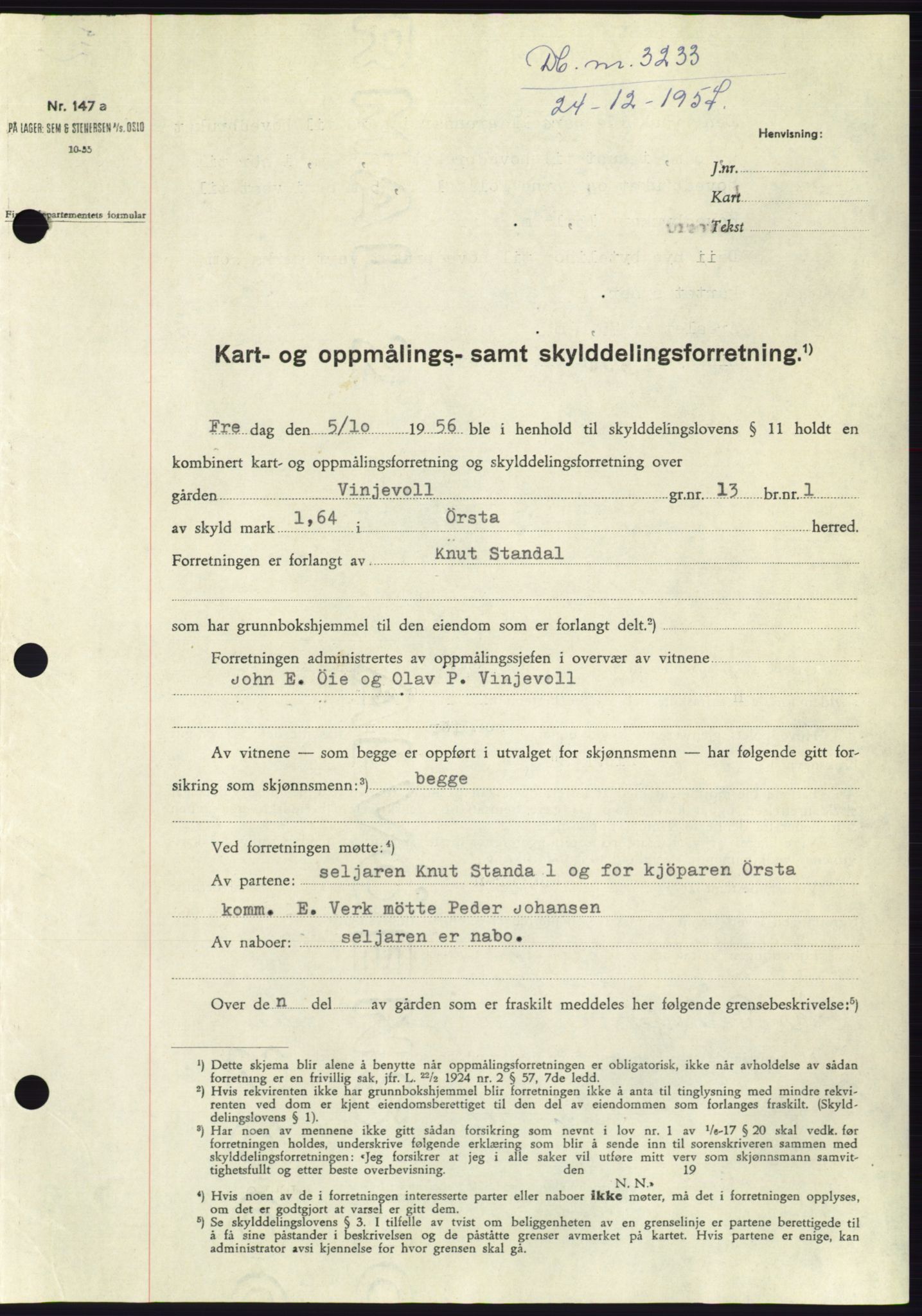 Søre Sunnmøre sorenskriveri, AV/SAT-A-4122/1/2/2C/L0108: Mortgage book no. 34A, 1957-1958, Diary no: : 3233/1957