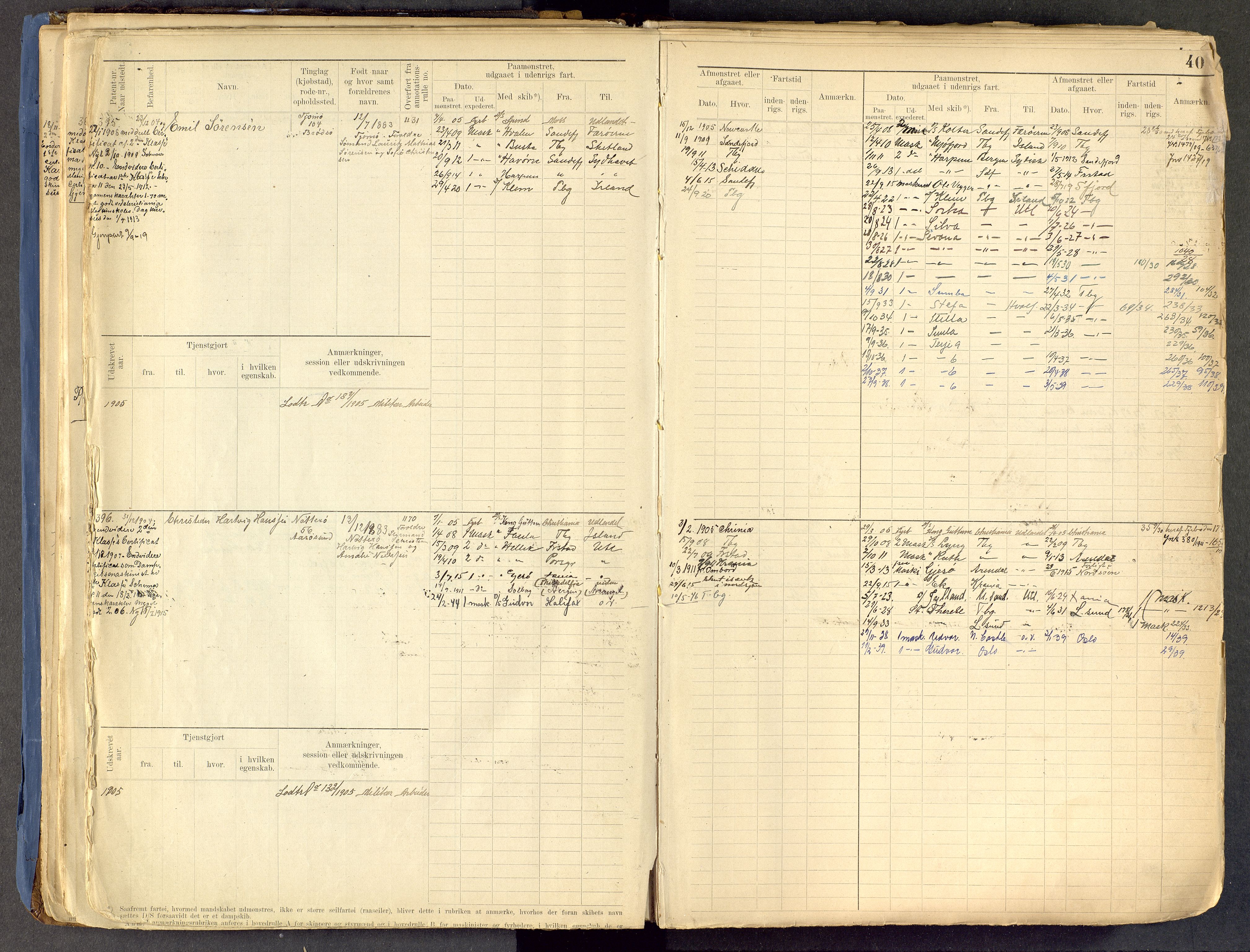 Tønsberg innrulleringskontor, AV/SAKO-A-786/F/Fe/L0002: Maskinist- og fyrbøterrulle Patent nr. 315-1110, 1902-1924, p. 40