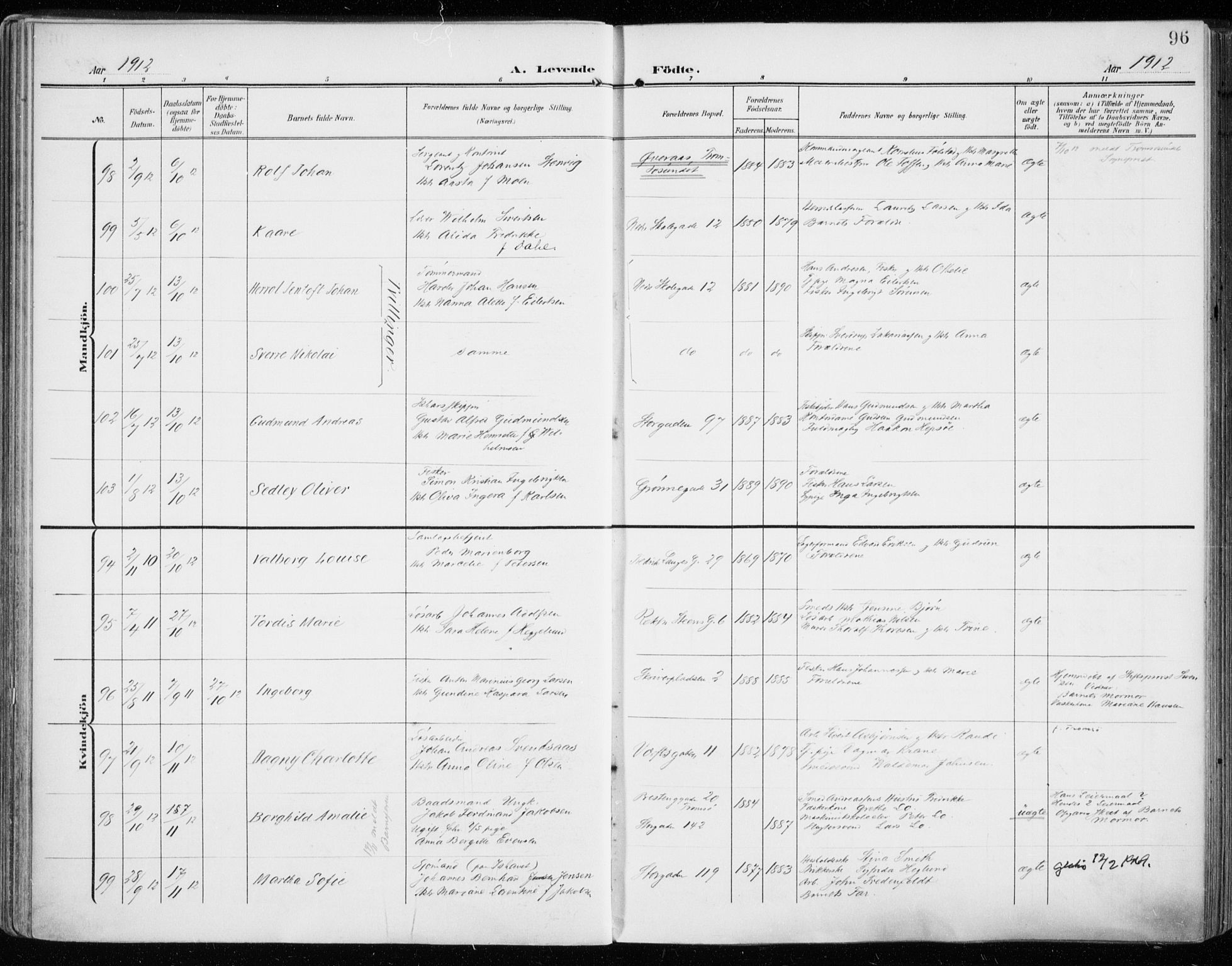 Tromsø sokneprestkontor/stiftsprosti/domprosti, SATØ/S-1343/G/Ga/L0017kirke: Parish register (official) no. 17, 1907-1917, p. 96