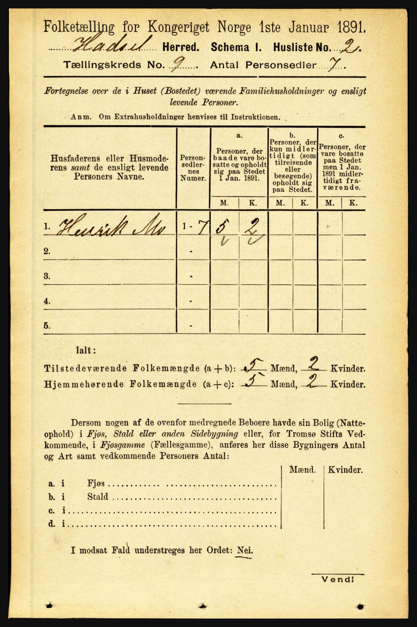 RA, 1891 census for 1866 Hadsel, 1891, p. 3886