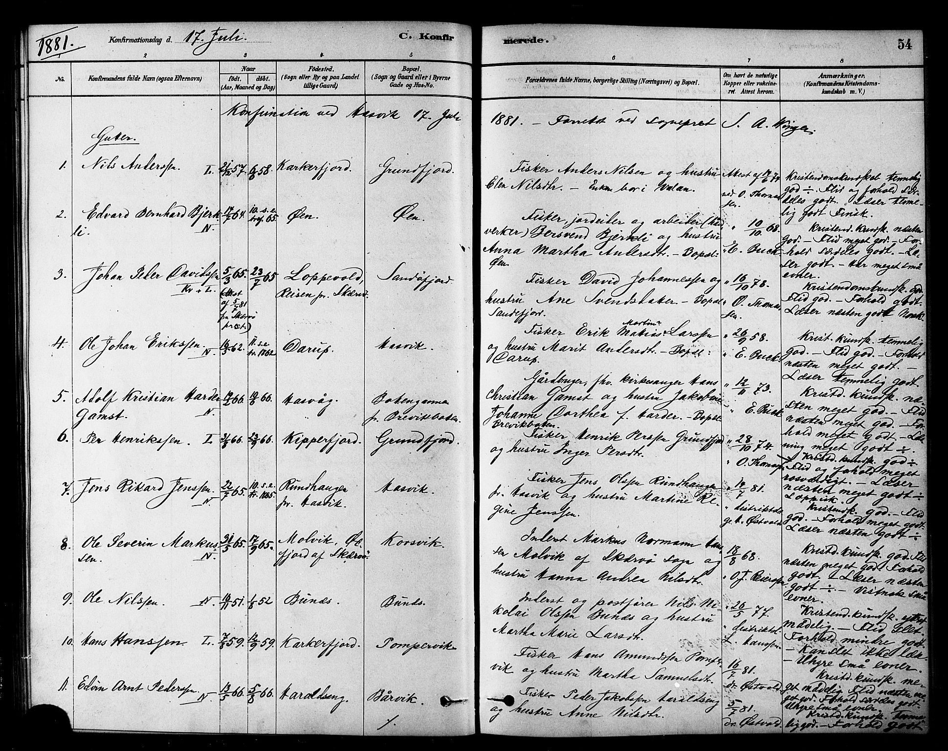 Loppa sokneprestkontor, AV/SATØ-S-1339/H/Ha/L0007kirke: Parish register (official) no. 7, 1879-1889, p. 54