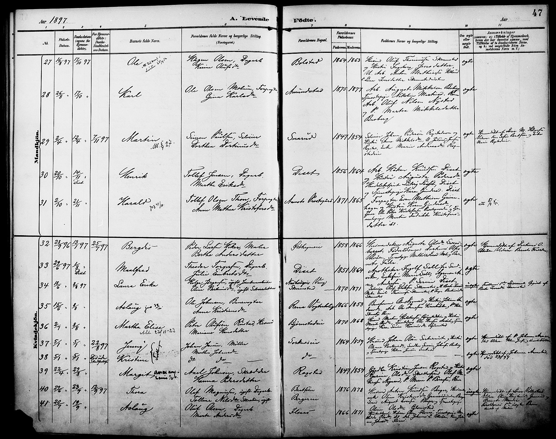 Åmot prestekontor, Hedmark, AV/SAH-PREST-056/H/Ha/Haa/L0011: Parish register (official) no. 11, 1890-1897, p. 47