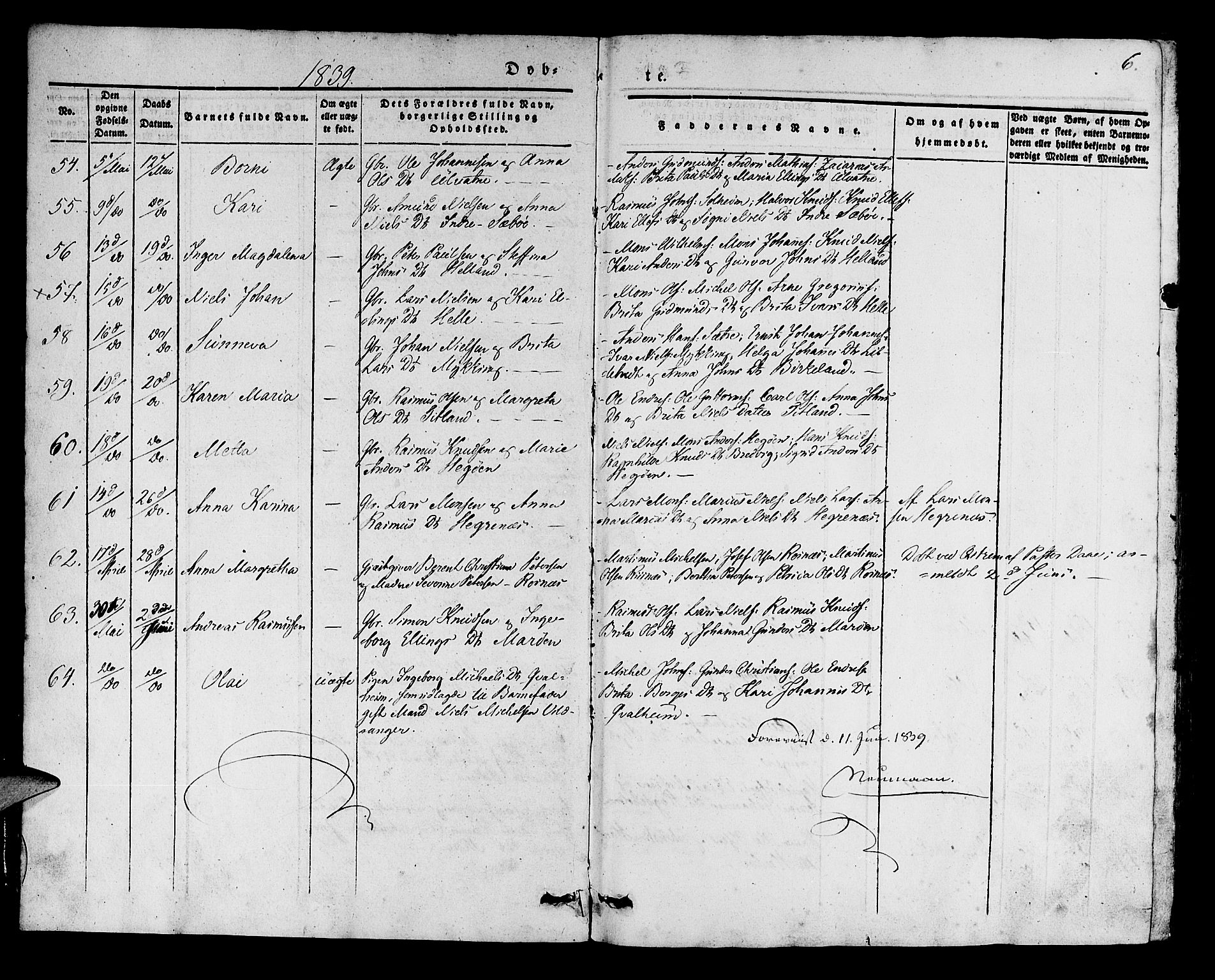 Manger sokneprestembete, AV/SAB-A-76801/H/Haa: Parish register (official) no. A 5, 1839-1848, p. 6