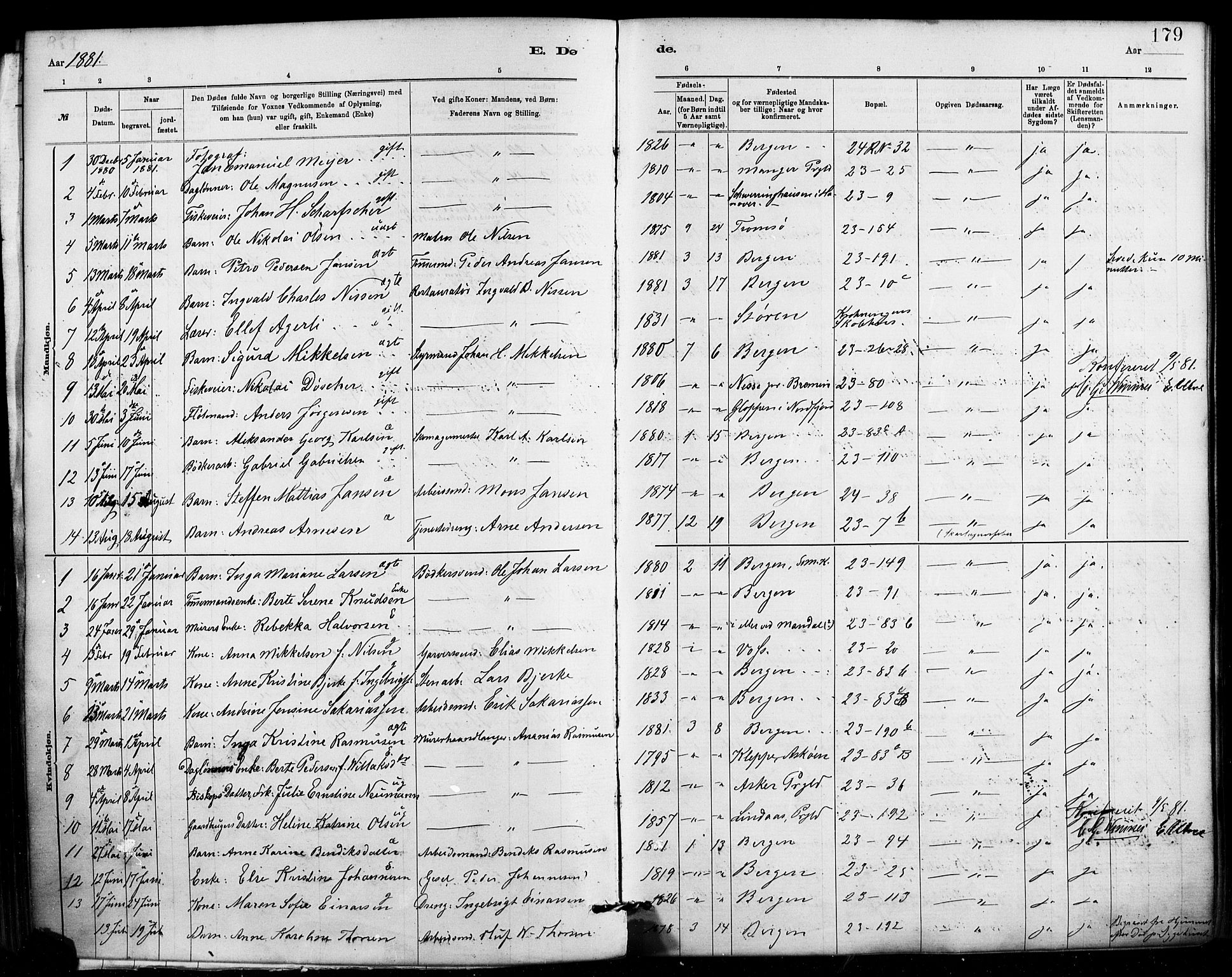 Mariakirken Sokneprestembete, SAB/A-76901/H/Haa/L0007: Parish register (official) no. A 7, 1878-1893, p. 179