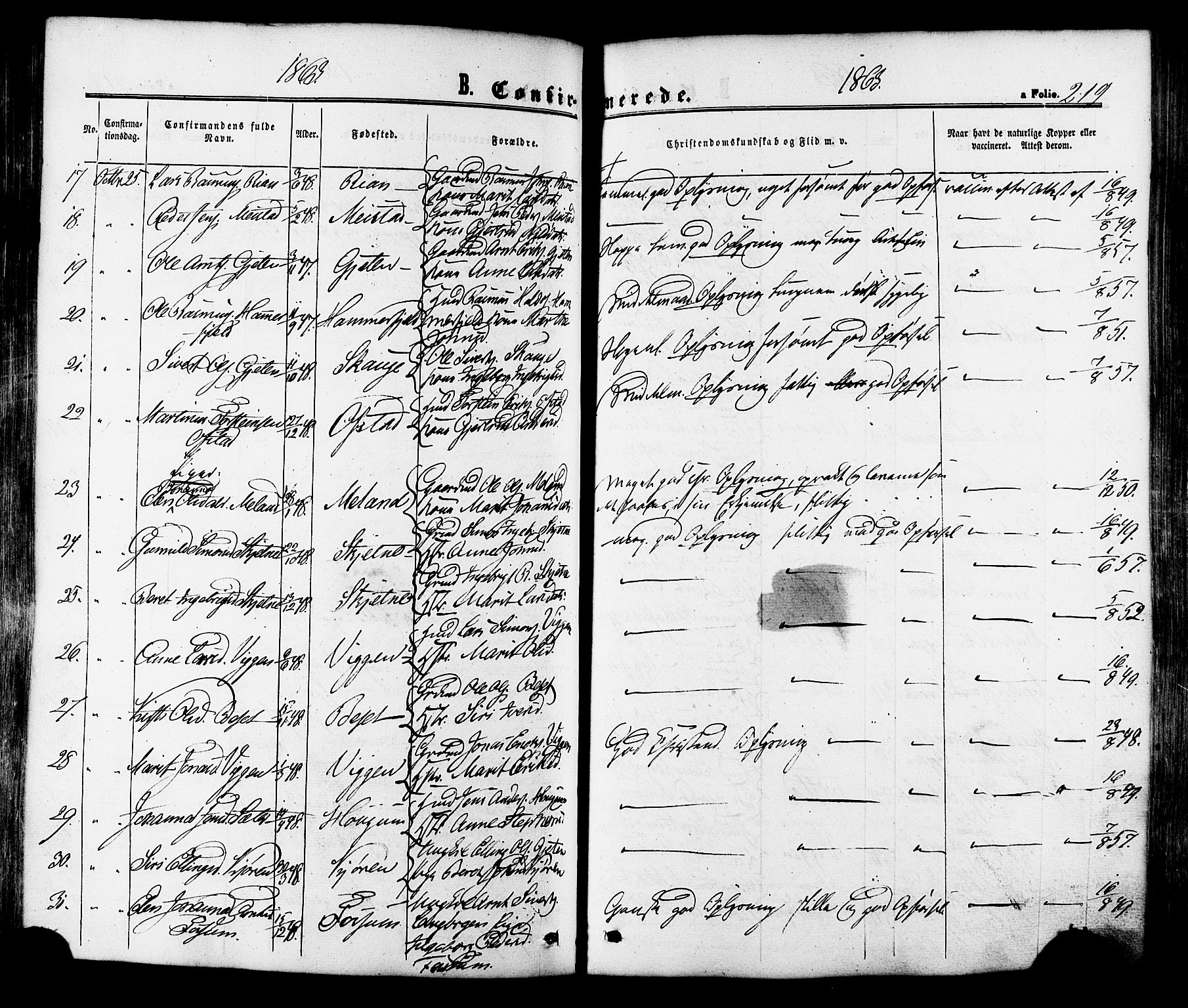 Ministerialprotokoller, klokkerbøker og fødselsregistre - Sør-Trøndelag, SAT/A-1456/665/L0772: Parish register (official) no. 665A07, 1856-1878, p. 219
