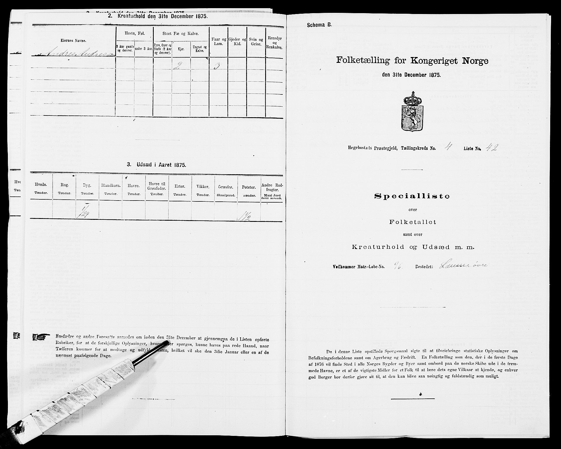 SAK, 1875 census for 1034P Hægebostad, 1875, p. 431