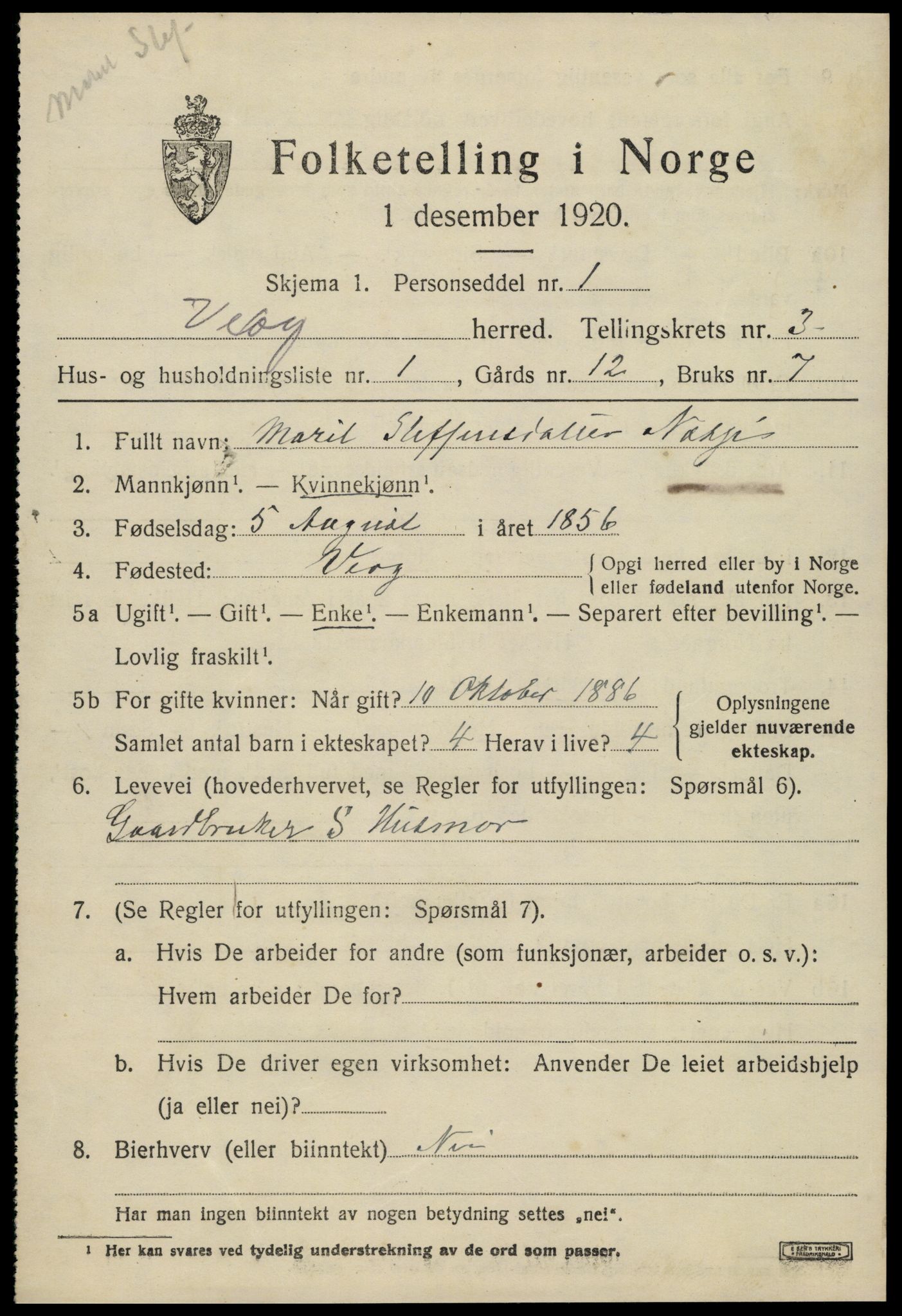 SAT, 1920 census for Veøy, 1920, p. 1439