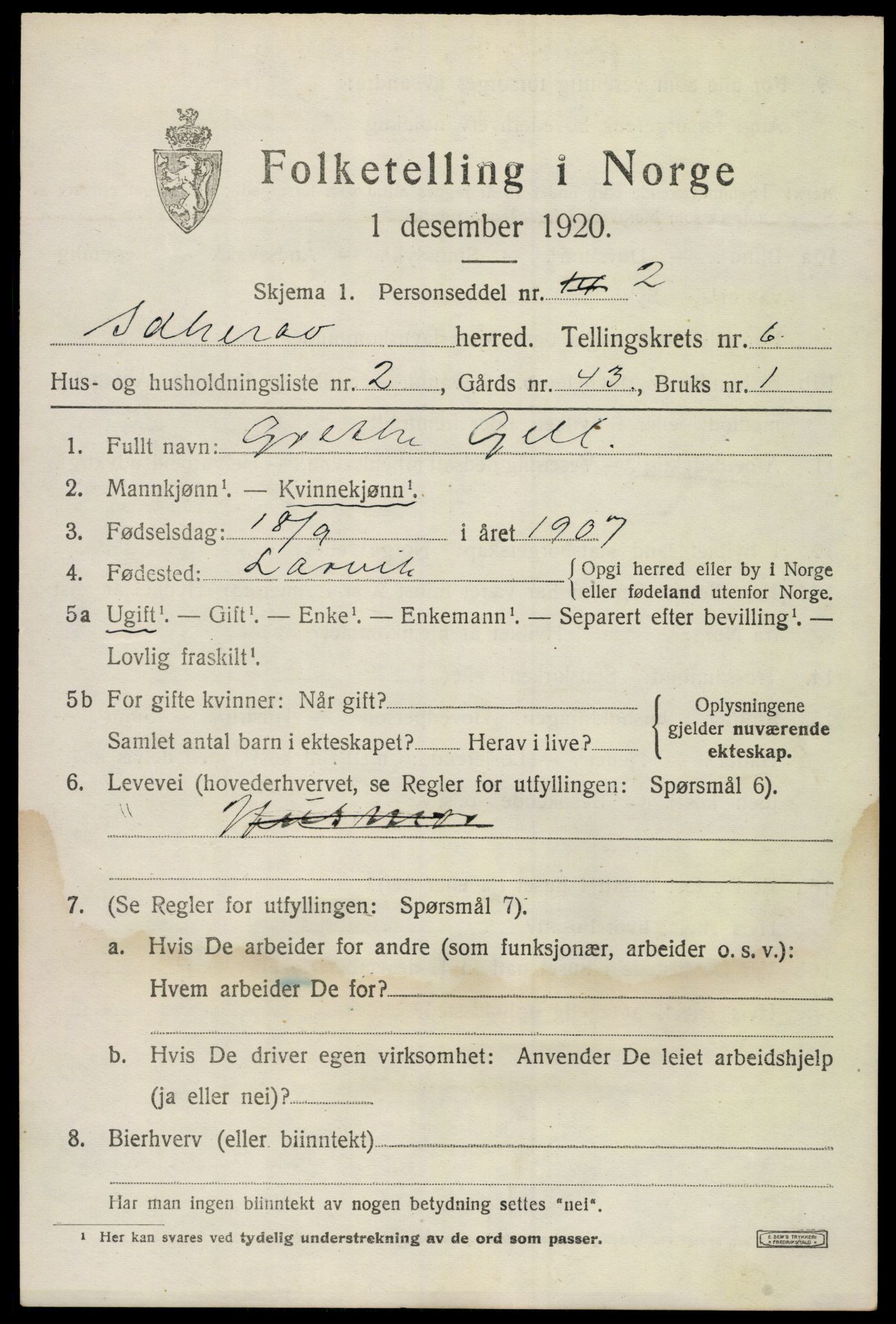 SAKO, 1920 census for Sandeherred, 1920, p. 9584