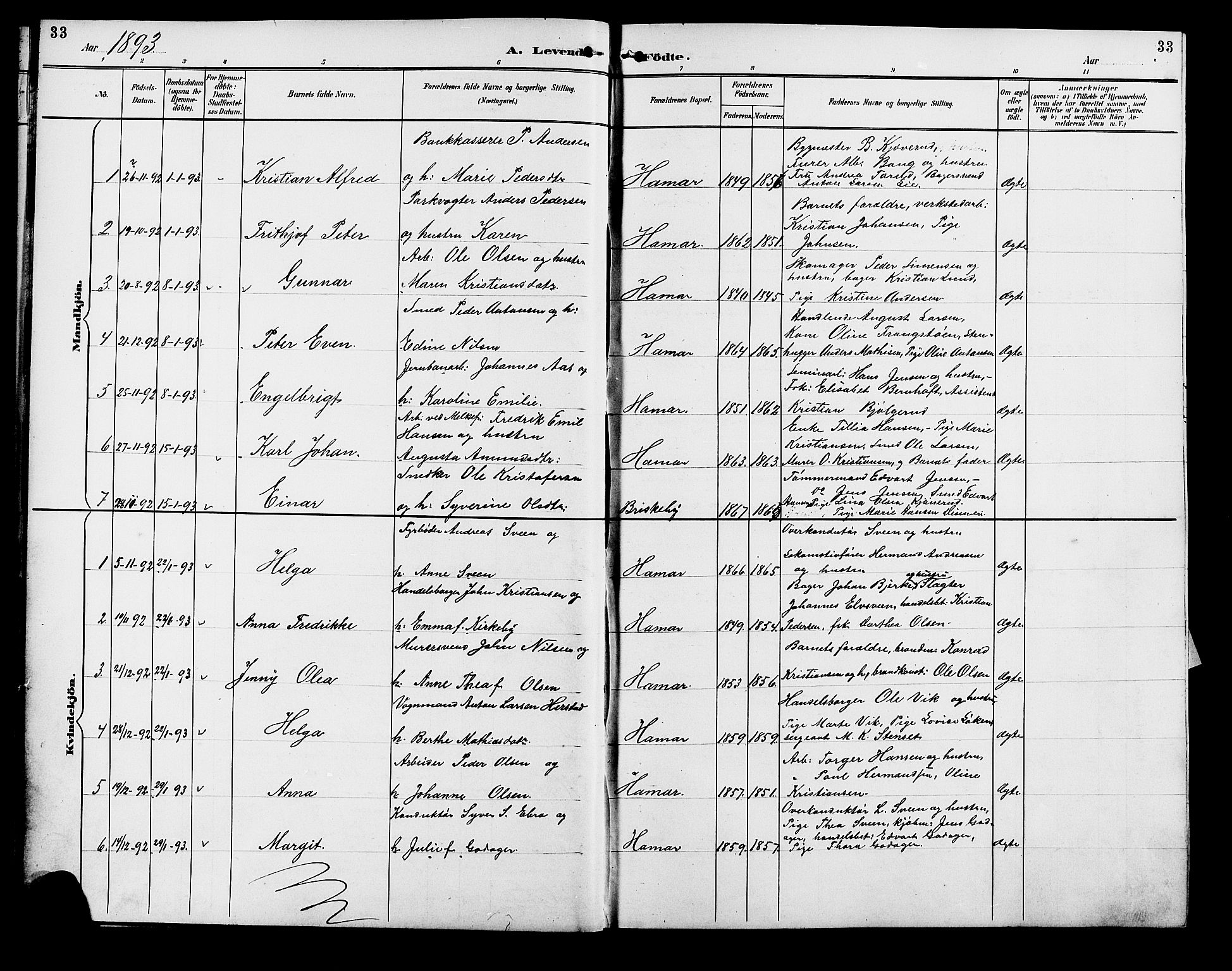 Vang prestekontor, Hedmark, SAH/PREST-008/H/Ha/Hab/L0013: Parish register (copy) no. 13, 1890-1899, p. 33