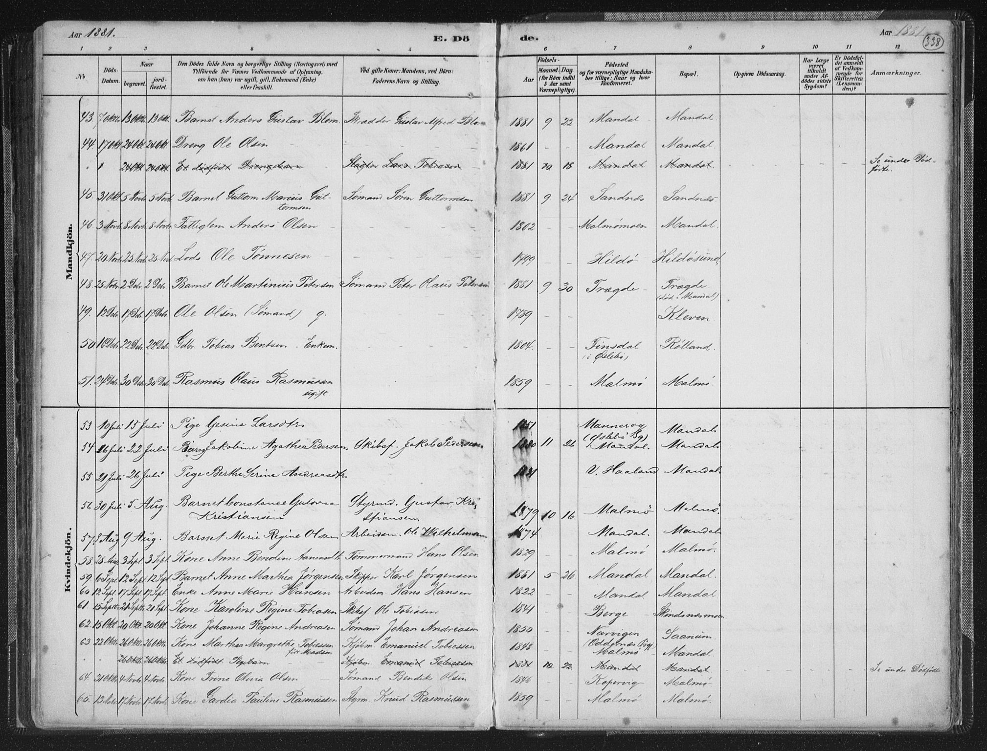 Mandal sokneprestkontor, AV/SAK-1111-0030/F/Fb/Fba/L0011: Parish register (copy) no. B 5, 1880-1898, p. 338