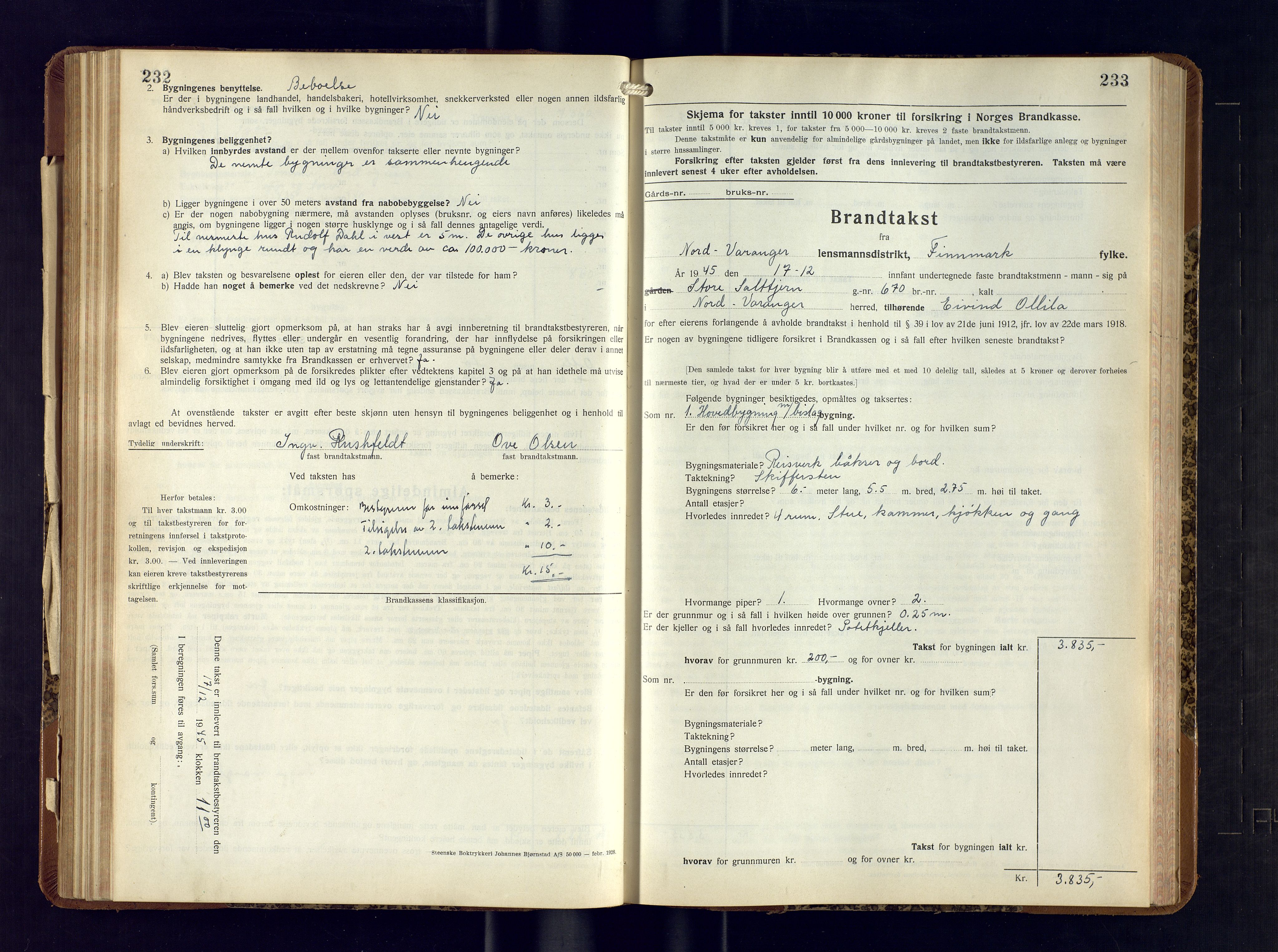 Nord-Varanger (Vadsø) lensmannskontor, AV/SATØ-S-1166/1/Fp/Fpb/L0201: Branntakstprotokoller, 1934-1946, p. 232-233