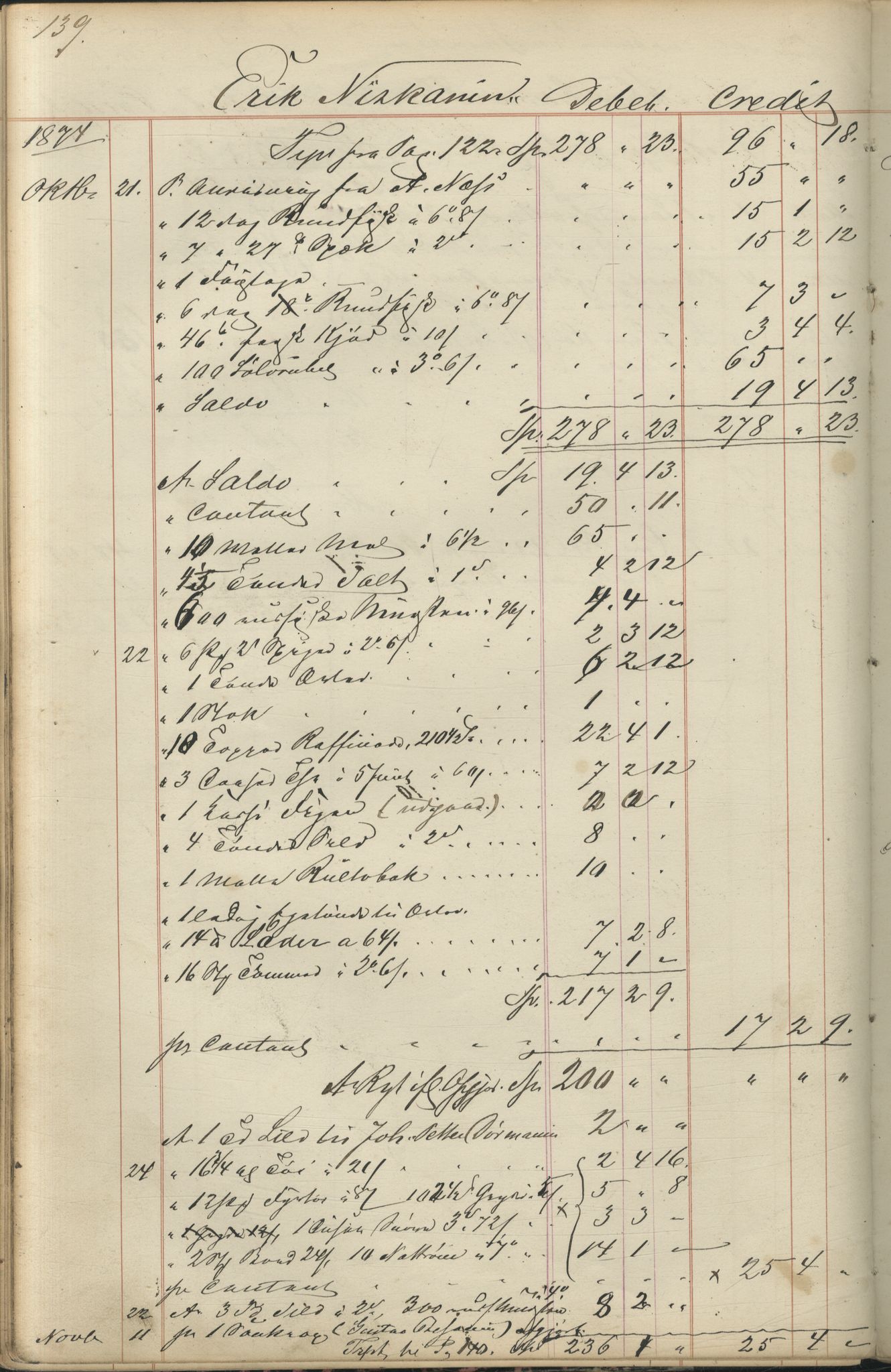 Brodtkorb handel A/S, VAMU/A-0001/F/Fc/L0001/0001: Konto for kvener og nordmenn på Kolahalvøya  / Conto for Kvæner og Nordmænd paa Russefinmarken No 1, 1868-1894, p. 139