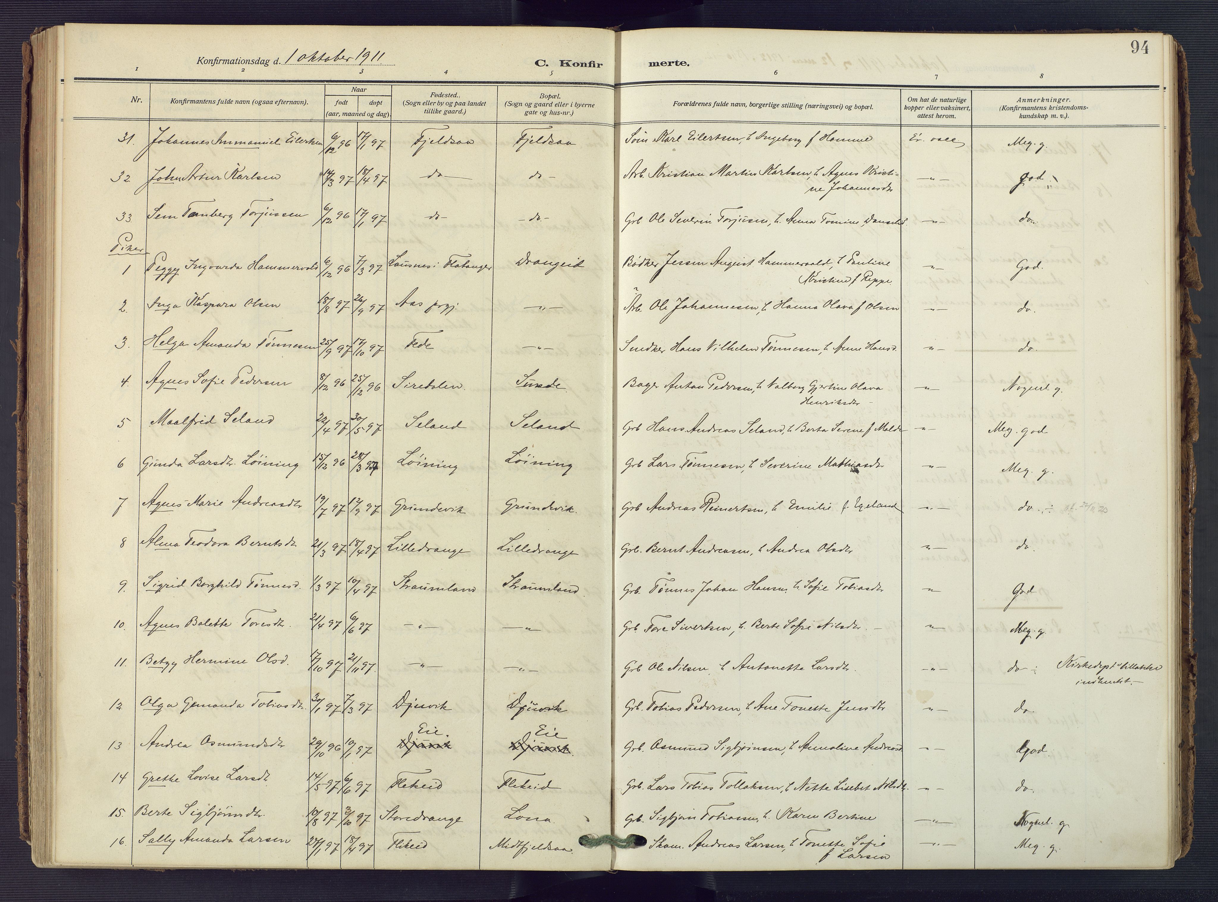 Flekkefjord sokneprestkontor, AV/SAK-1111-0012/F/Fa/Fac/L0010: Parish register (official) no. A 10, 1910-1927, p. 94