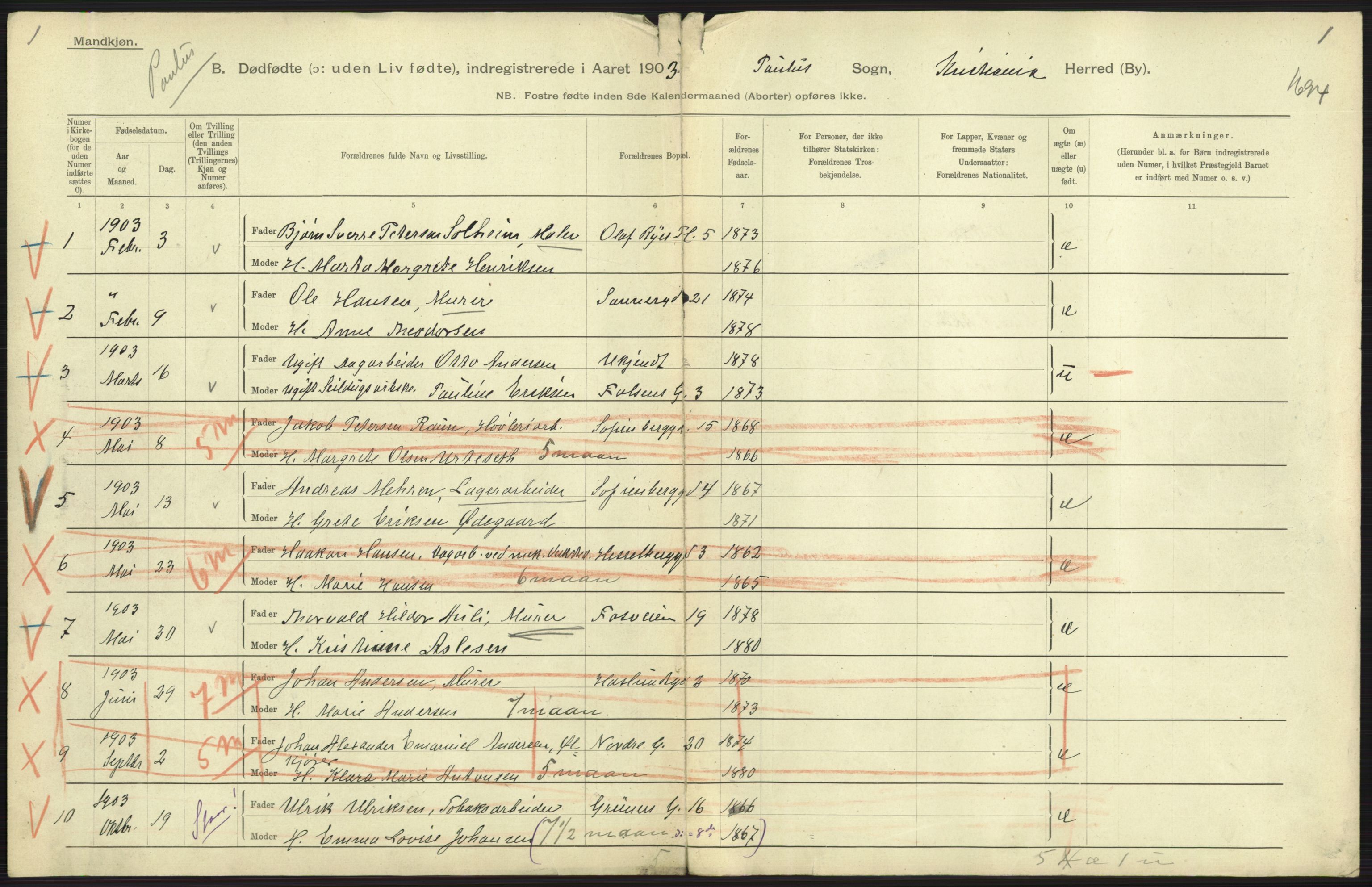 Statistisk sentralbyrå, Sosiodemografiske emner, Befolkning, AV/RA-S-2228/D/Df/Dfa/Dfaa/L0026: Smålenenes - Finnmarkens amt: Dødfødte. Byer., 1903, p. 33