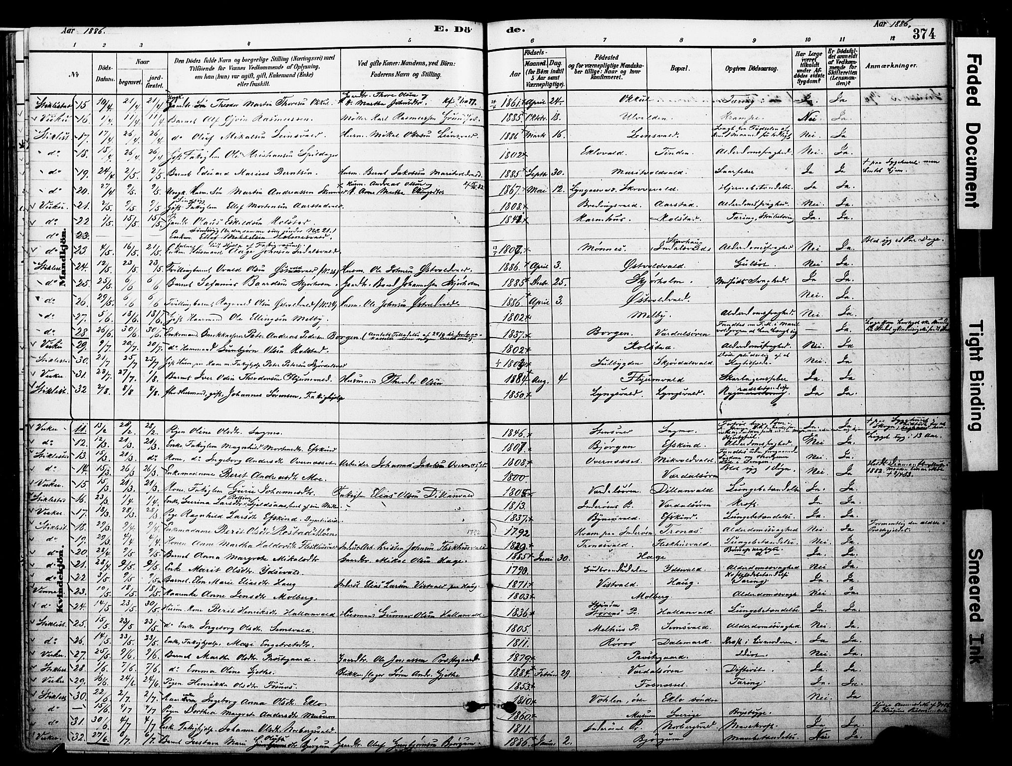 Ministerialprotokoller, klokkerbøker og fødselsregistre - Nord-Trøndelag, SAT/A-1458/723/L0244: Parish register (official) no. 723A13, 1881-1899, p. 374