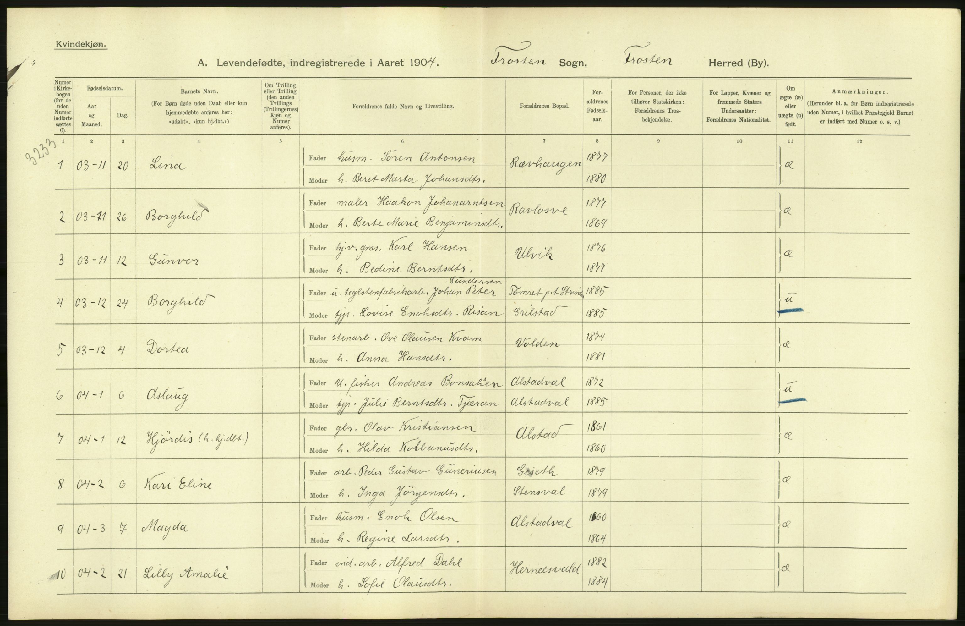 Statistisk sentralbyrå, Sosiodemografiske emner, Befolkning, AV/RA-S-2228/D/Df/Dfa/Dfab/L0019: Nordre Trondhjems amt: Fødte, gifte, døde, 1904, p. 100