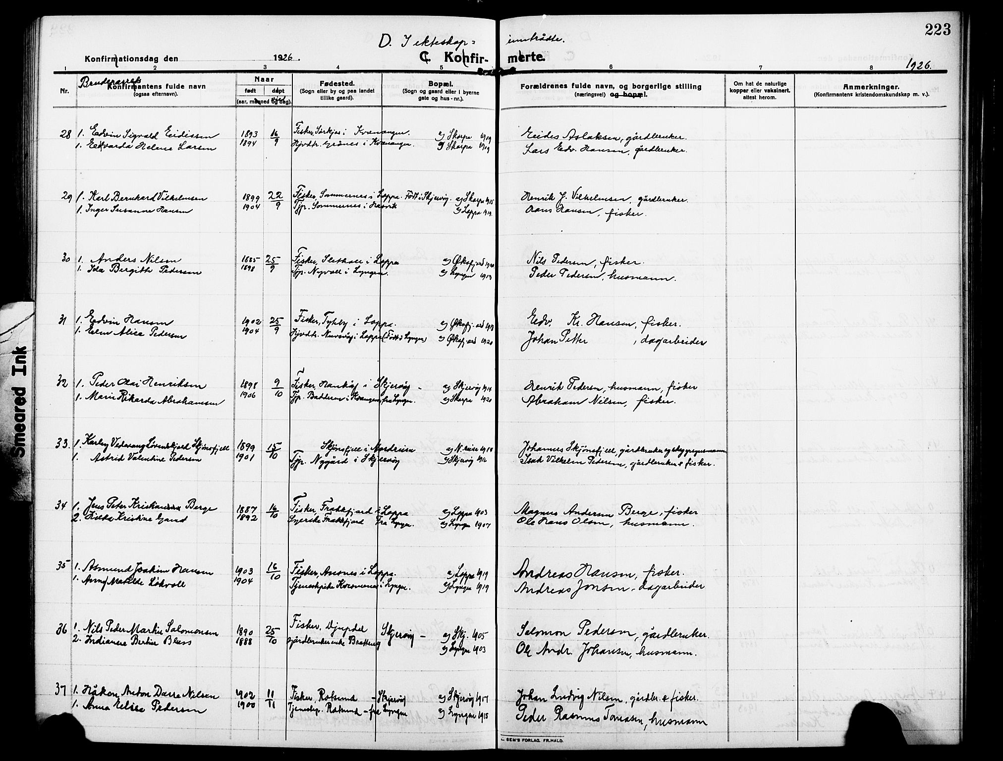 Skjervøy sokneprestkontor, AV/SATØ-S-1300/H/Ha/Hab/L0009klokker: Parish register (copy) no. 9, 1911-1926, p. 223