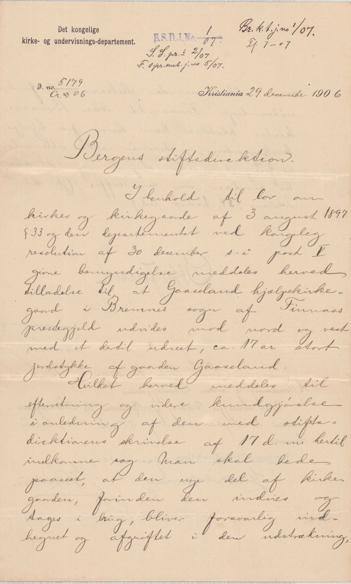 Finnaas kommune. Formannskapet, IKAH/1218a-021/D/Da/L0001/0007: Korrespondanse / saker / Gåsland kyrkjegard, 1906-1908, p. 3