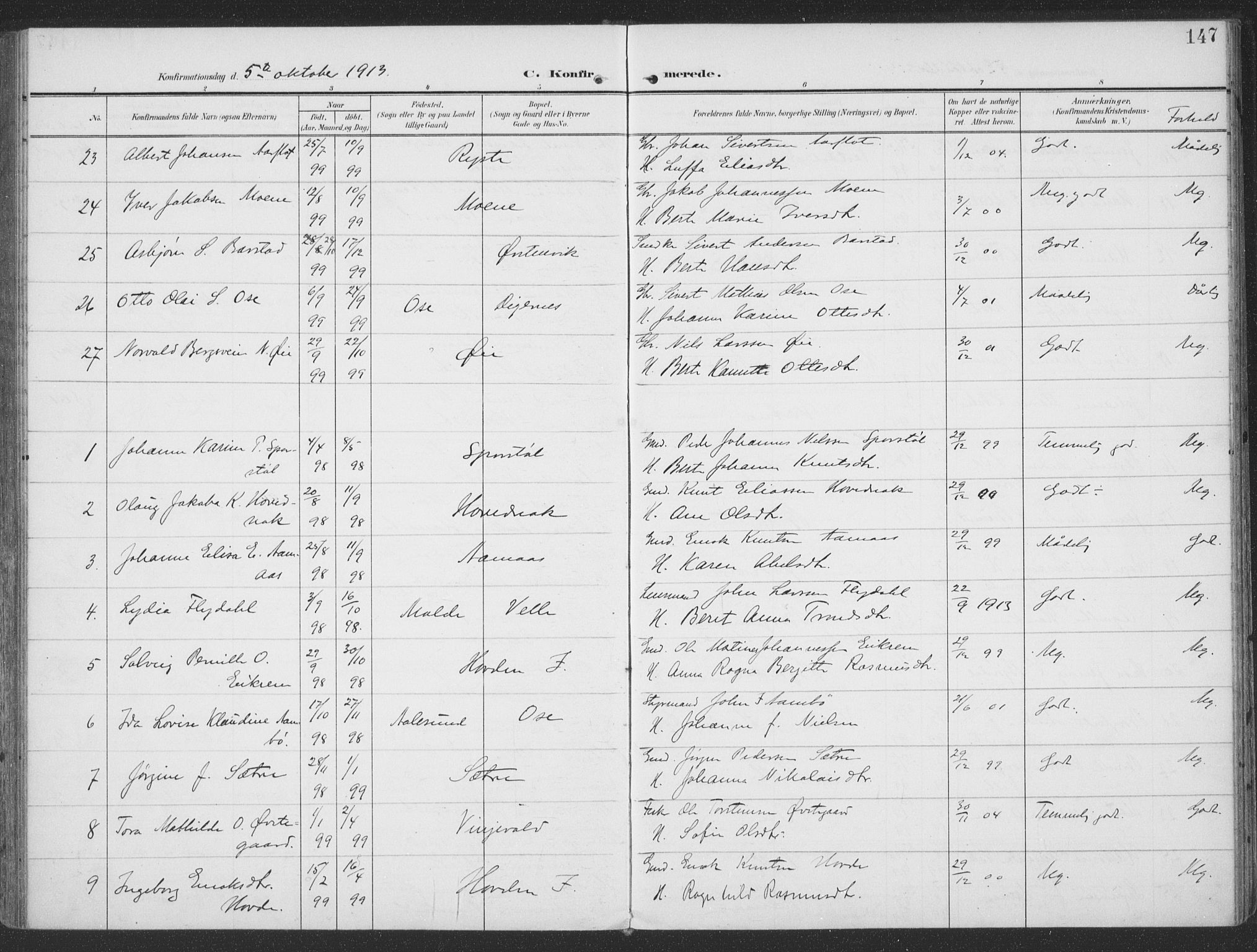 Ministerialprotokoller, klokkerbøker og fødselsregistre - Møre og Romsdal, AV/SAT-A-1454/513/L0178: Parish register (official) no. 513A05, 1906-1919, p. 147