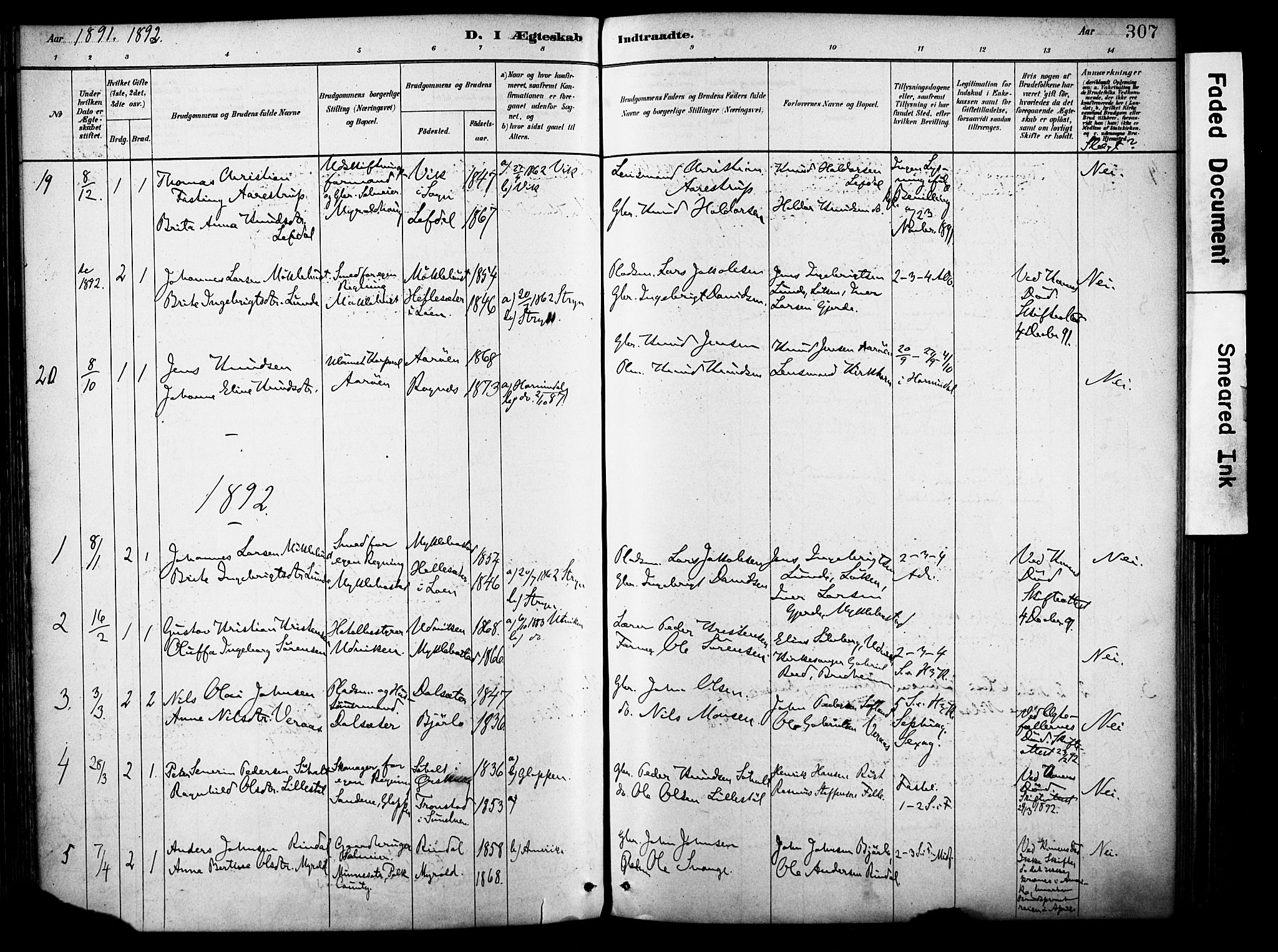 Eid sokneprestembete, AV/SAB-A-82301/H/Haa/Haab/L0001: Parish register (official) no. B 1, 1879-1906, p. 307