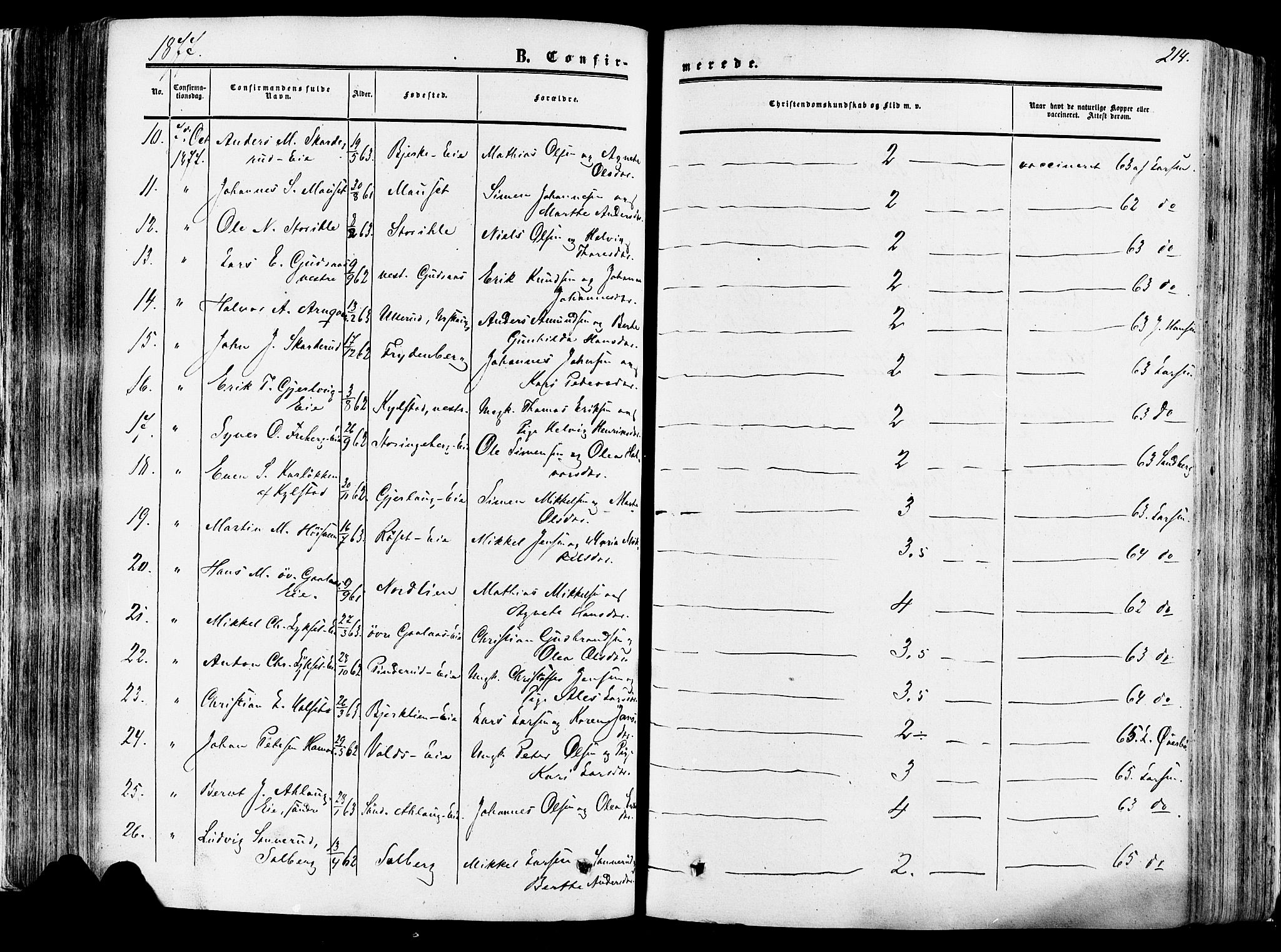 Vang prestekontor, Hedmark, SAH/PREST-008/H/Ha/Haa/L0013: Parish register (official) no. 13, 1855-1879, p. 214