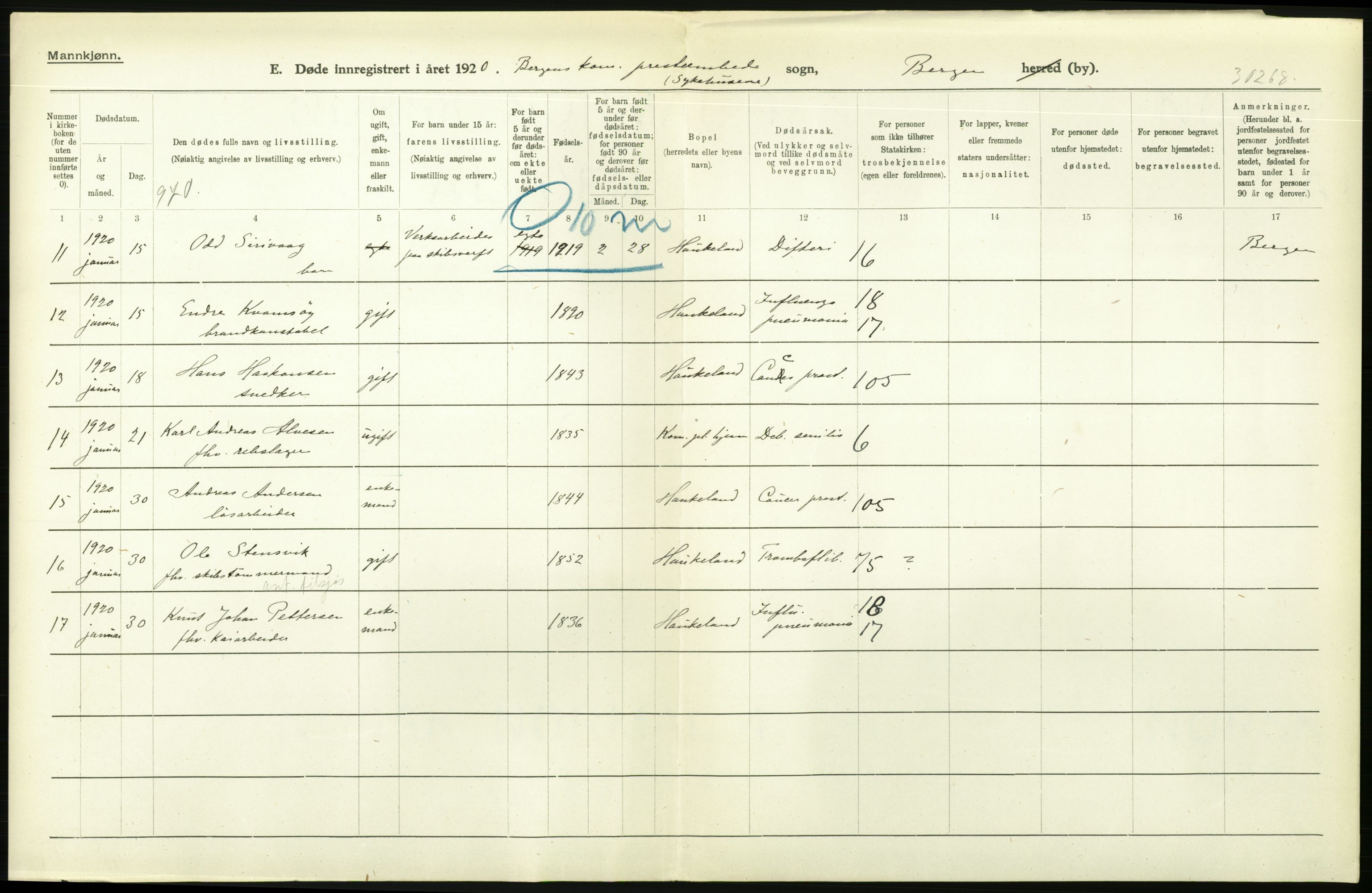 Statistisk sentralbyrå, Sosiodemografiske emner, Befolkning, AV/RA-S-2228/D/Df/Dfb/Dfbj/L0042: Bergen: Gifte, døde, dødfødte., 1920, p. 344