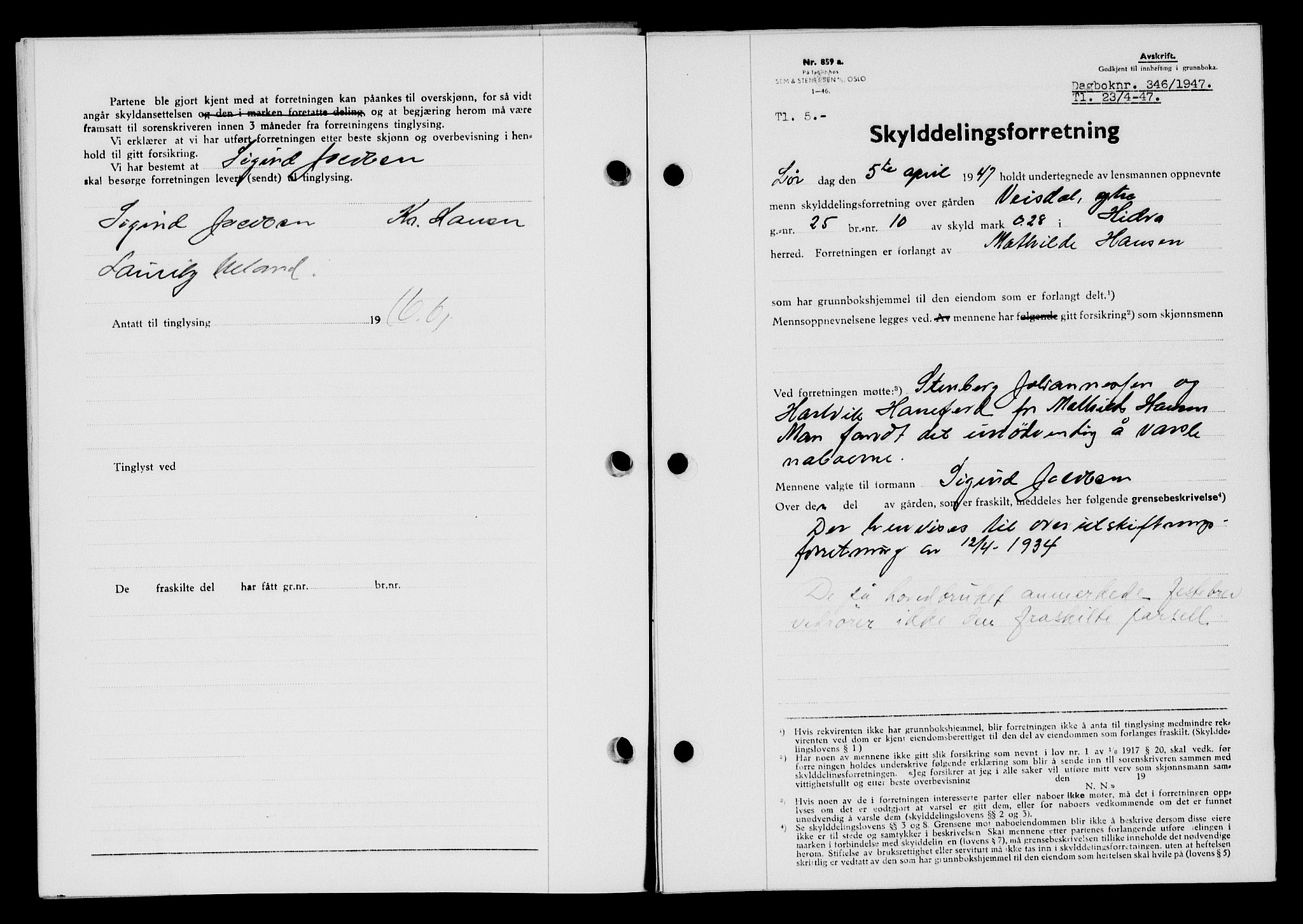 Flekkefjord sorenskriveri, SAK/1221-0001/G/Gb/Gba/L0062: Mortgage book no. A-10, 1947-1947, Diary no: : 346/1947