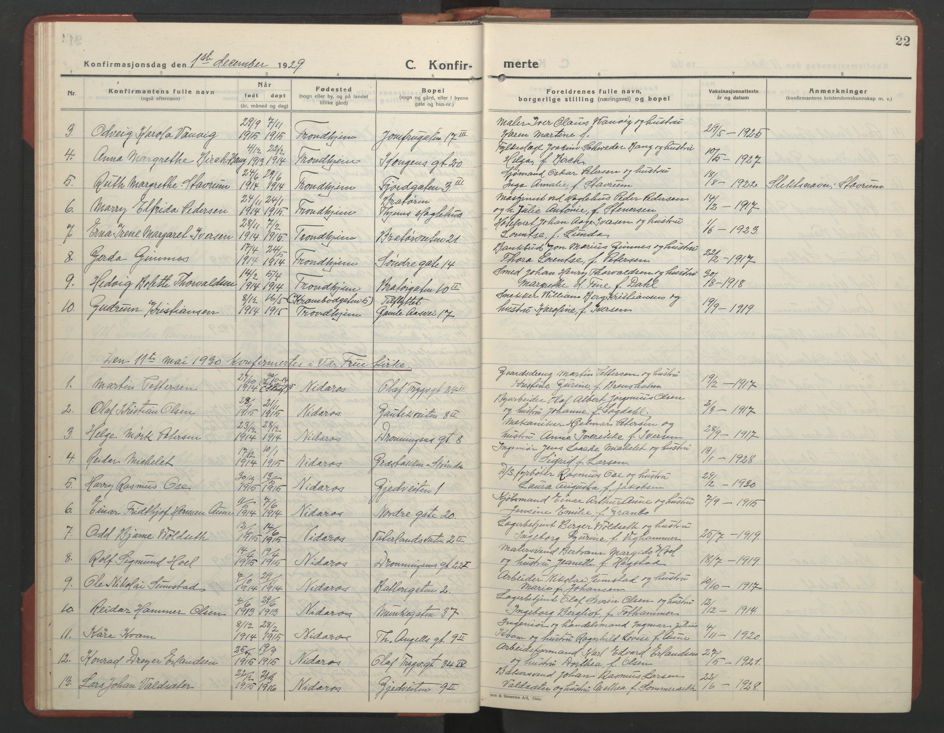 Ministerialprotokoller, klokkerbøker og fødselsregistre - Sør-Trøndelag, SAT/A-1456/602/L0151: Parish register (copy) no. 602C19, 1925-1951, p. 22