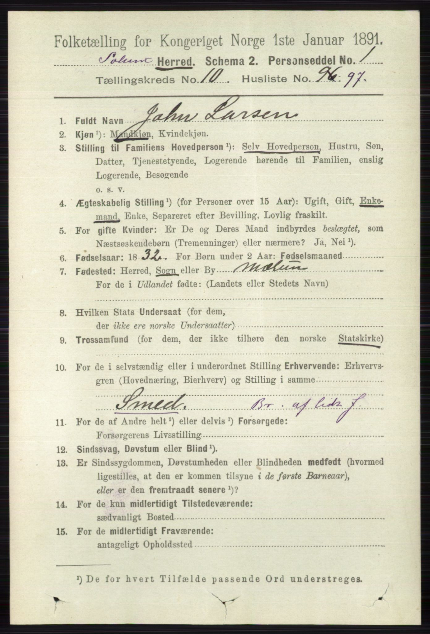 RA, 1891 census for 0818 Solum, 1891, p. 5232