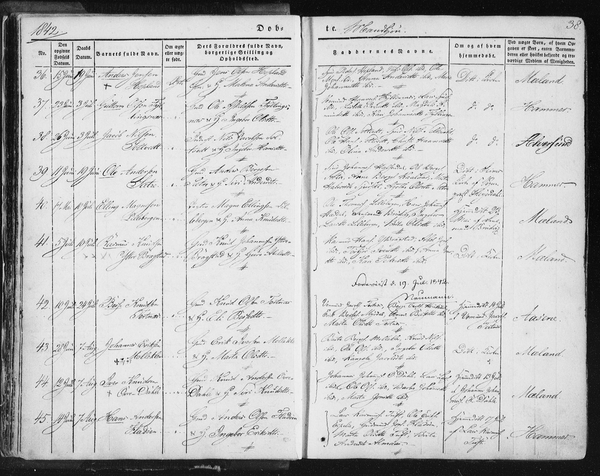 Hamre sokneprestembete, AV/SAB-A-75501/H/Ha/Haa/Haaa/L0012: Parish register (official) no. A 12, 1834-1845, p. 38