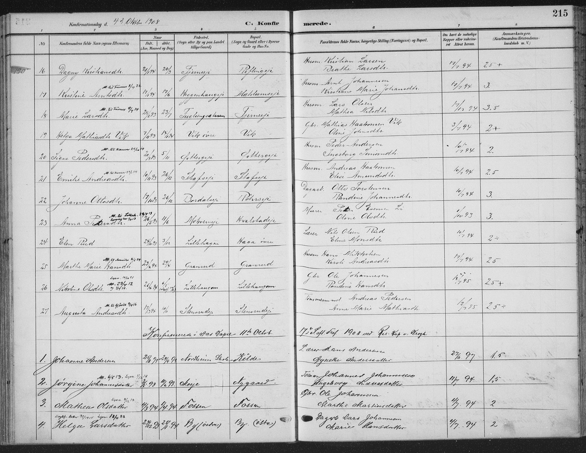 Ringsaker prestekontor, AV/SAH-PREST-014/K/Ka/L0018: Parish register (official) no. 18, 1903-1912, p. 215