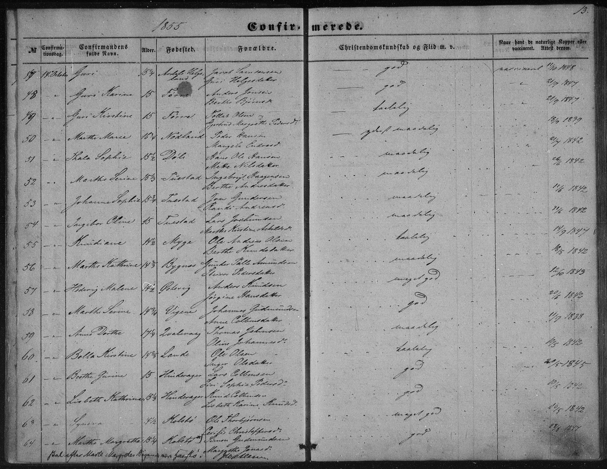 Avaldsnes sokneprestkontor, AV/SAST-A -101851/H/Ha/Haa/L0009: Parish register (official) no. A 9, 1853-1865, p. 13