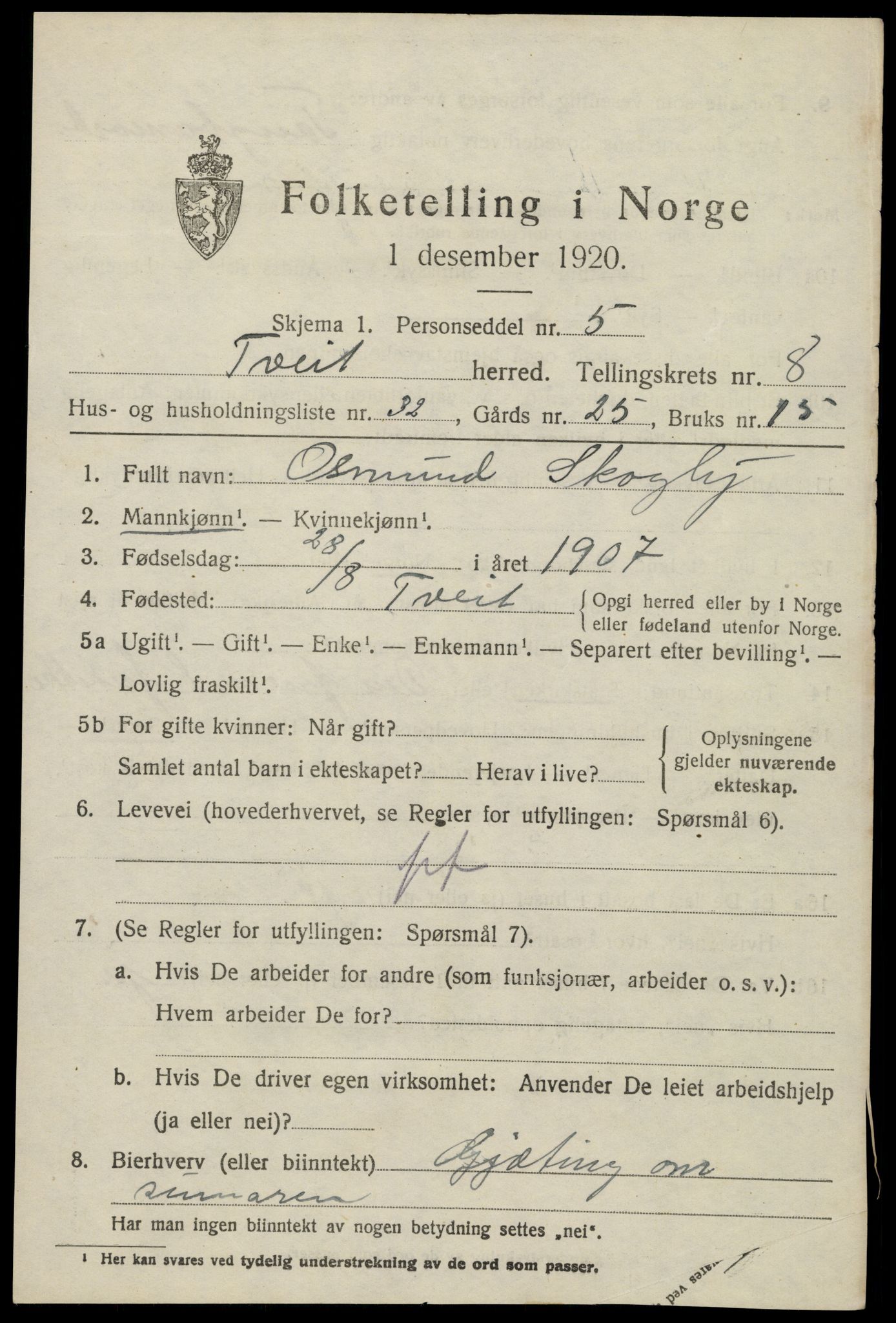 SAK, 1920 census for Tveit, 1920, p. 3864