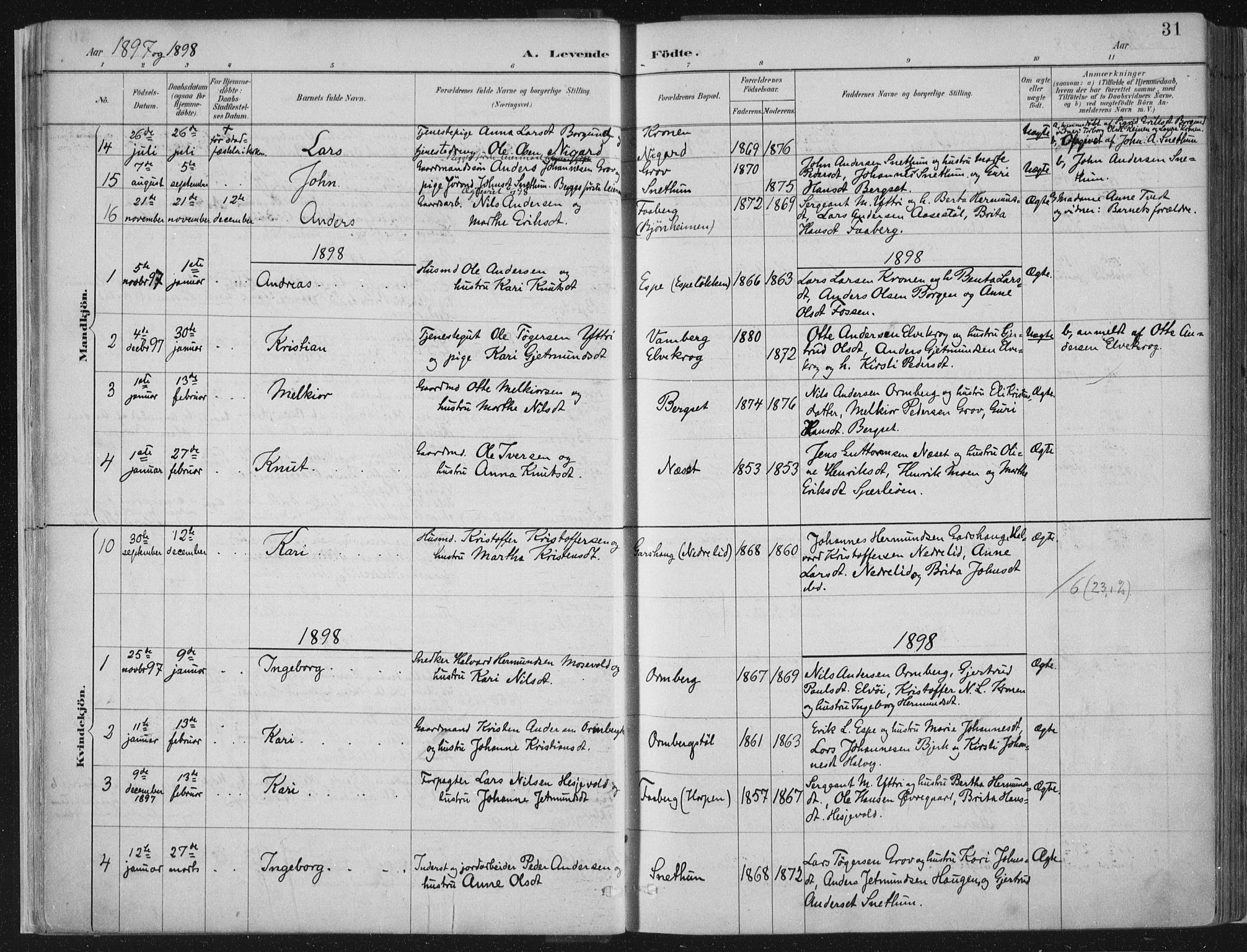 Jostedal sokneprestembete, SAB/A-80601/H/Haa/Haab/L0001: Parish register (official) no. B 1, 1887-1914, p. 31